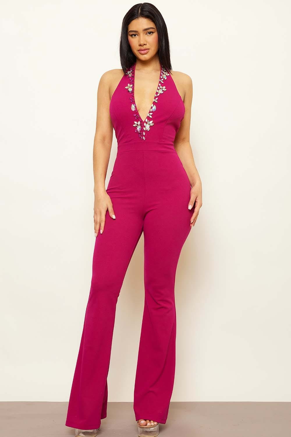 Rhinestone Halter Jumpsuit – Deep V Neck Open Back Bell Bottom BOUTINIE