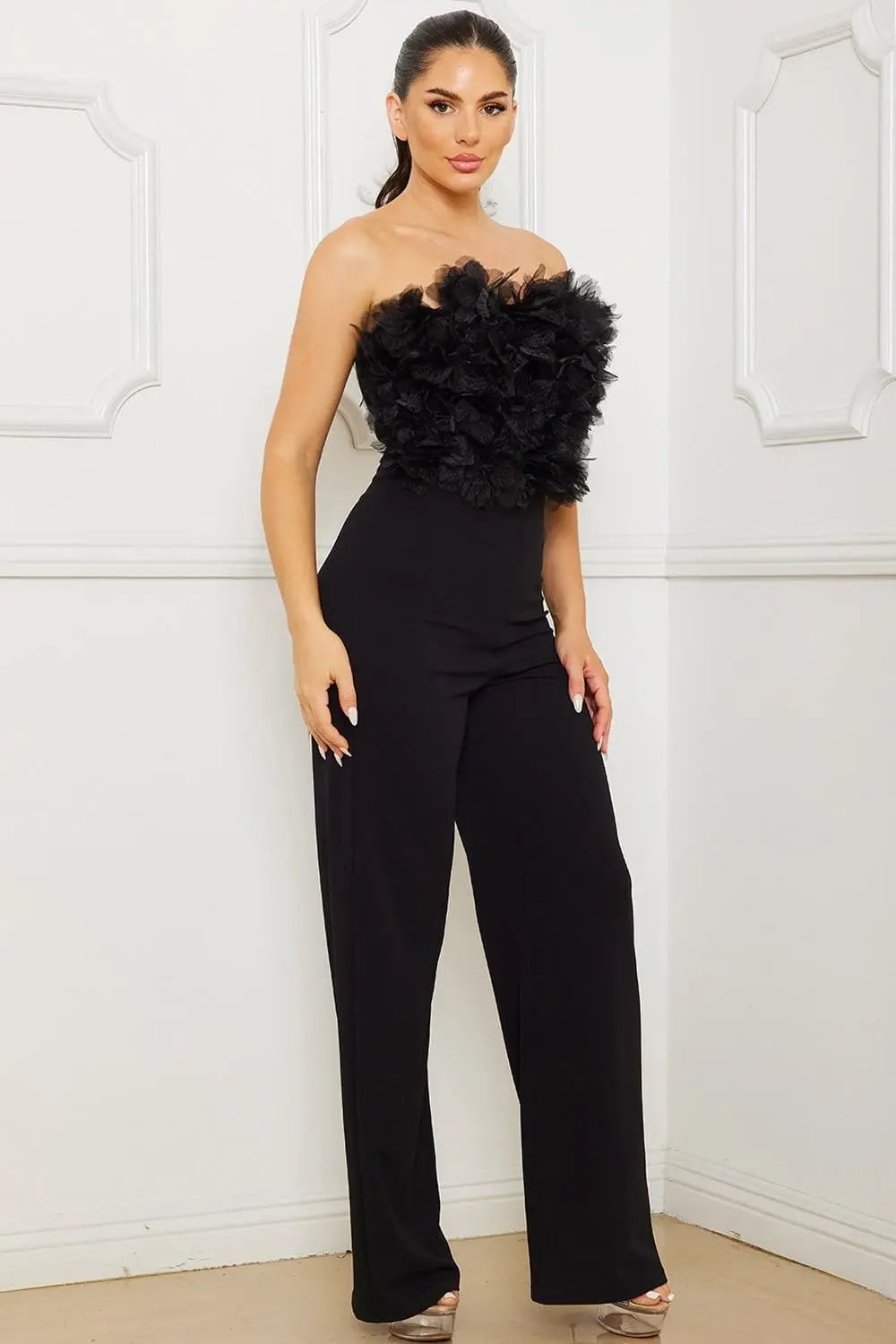Mesh Tube Top Jumpsuit - Wide Leg Zipper Back BOUTINIE