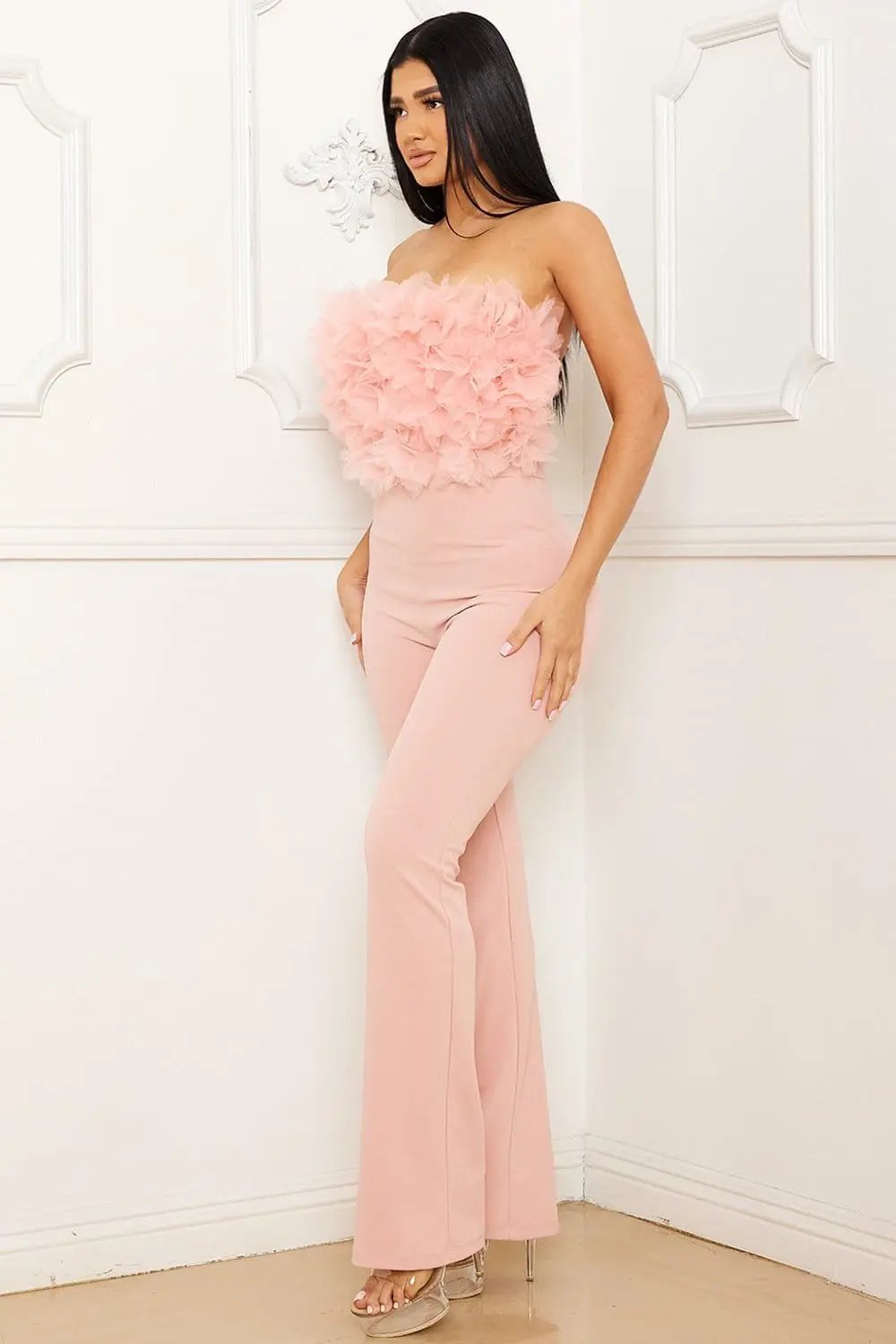 Mesh Tube Top Jumpsuit - Wide Leg Zipper Back BOUTINIE