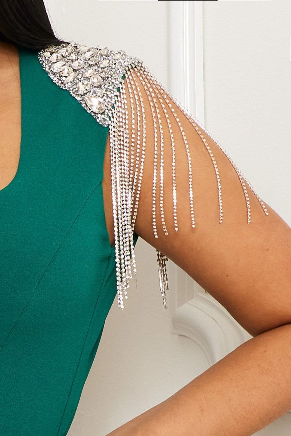 Rhinestone Fringe Jumpsuit – Sleeveless Plunging V Neck Bell Bottom Party Wear BOUTINIE