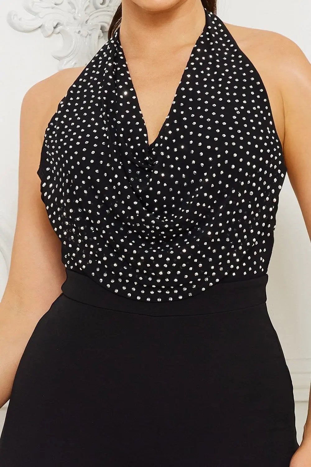 Rhinestone Halter Jumpsuit – Open Back Bell Bottom Zipper Closure BOUTINIE