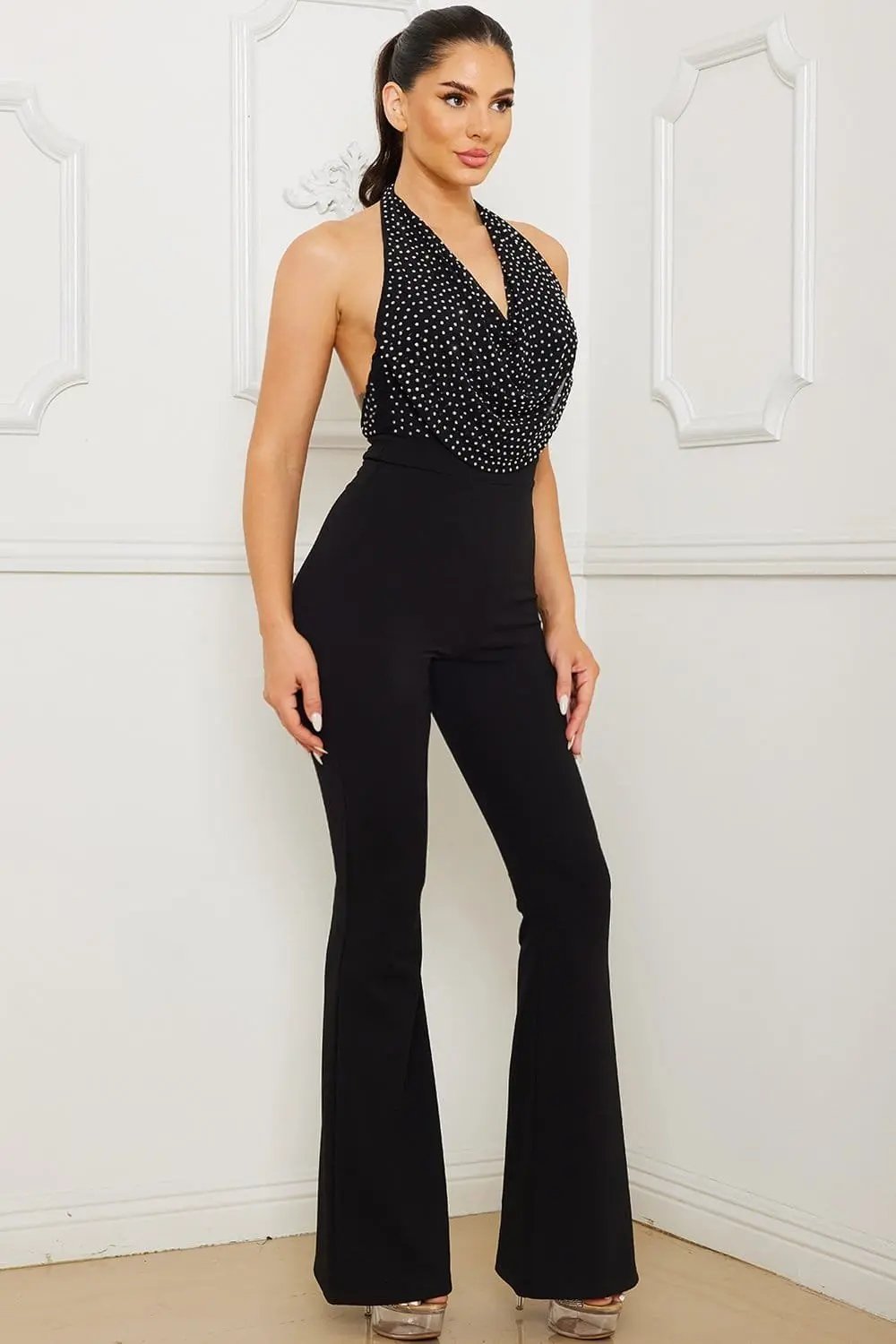 Rhinestone Halter Jumpsuit – Open Back Bell Bottom Zipper Closure BOUTINIE
