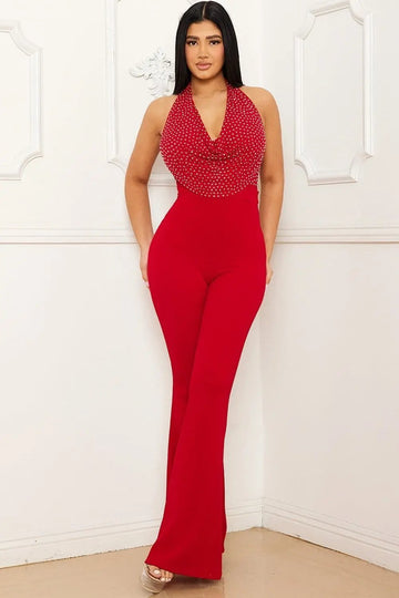 Rhinestone Halter Jumpsuit – Open Back Bell Bottom Zipper Closure BOUTINIE