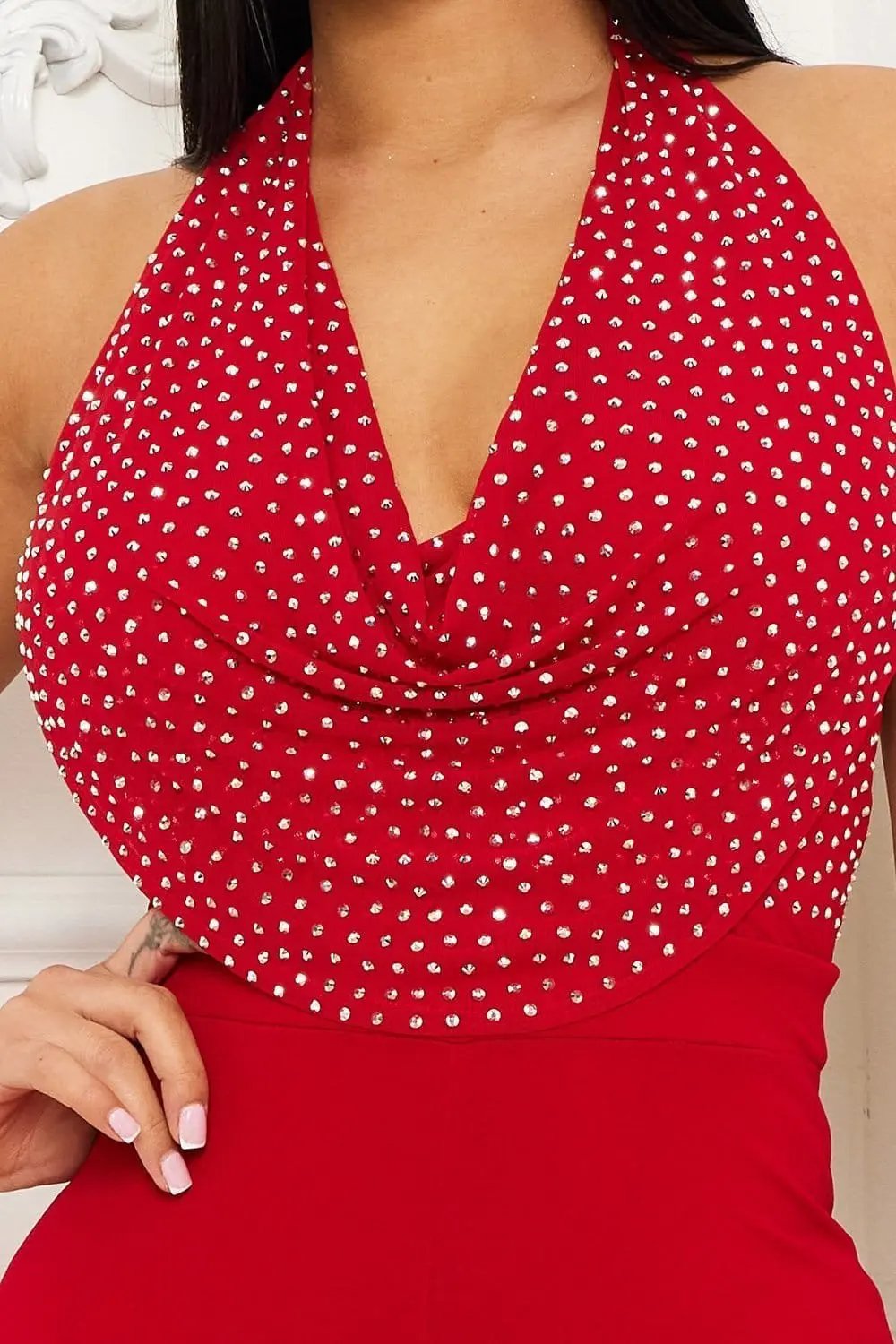 Rhinestone Halter Jumpsuit – Open Back Bell Bottom Zipper Closure BOUTINIE