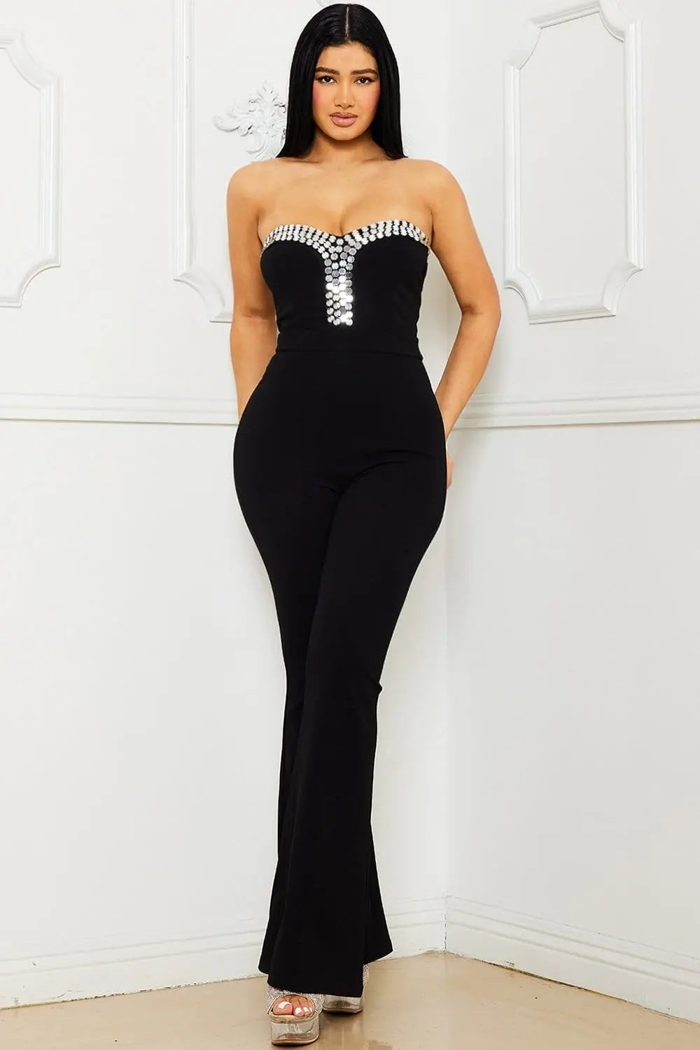 Sweetheart Jumpsuit - Metal Trim Bell Bottom Zipper Back BOUTINIE
