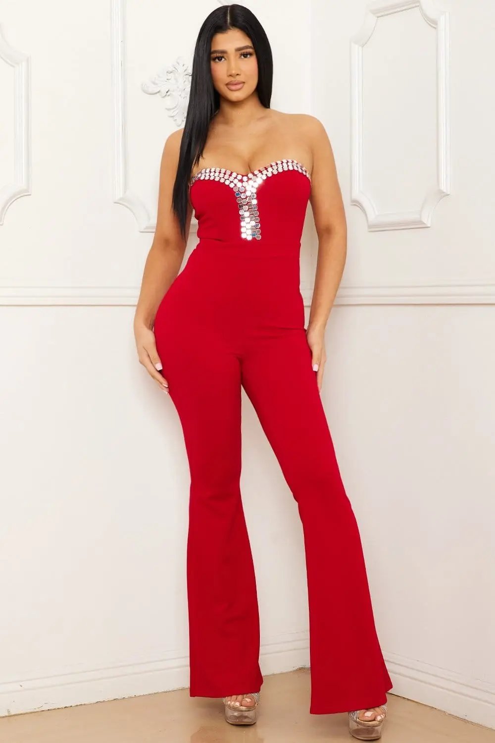 Sweetheart Jumpsuit - Metal Trim Bell Bottom Zipper Back BOUTINIE