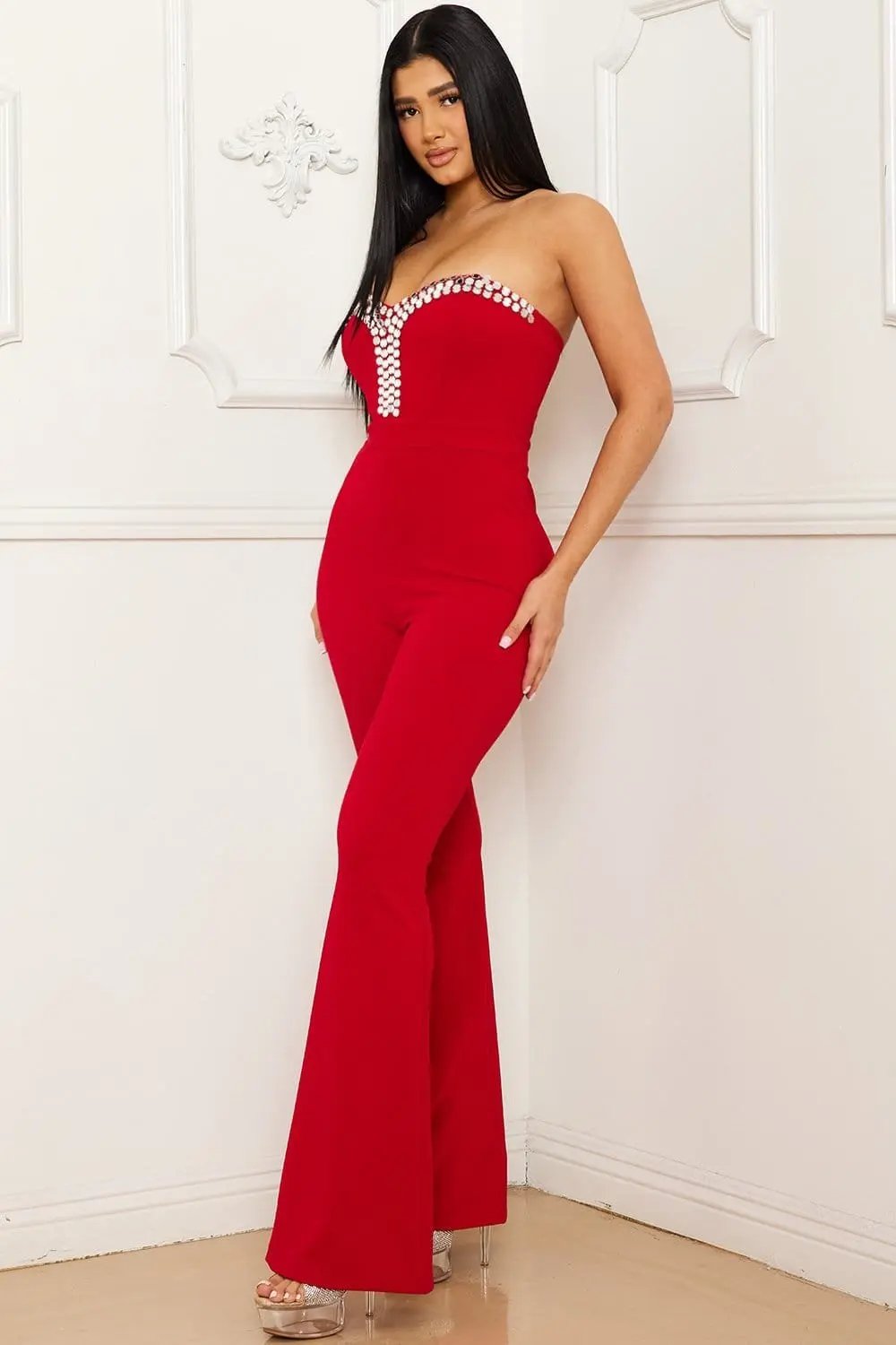 Sweetheart Jumpsuit - Metal Trim Bell Bottom Zipper Back BOUTINIE