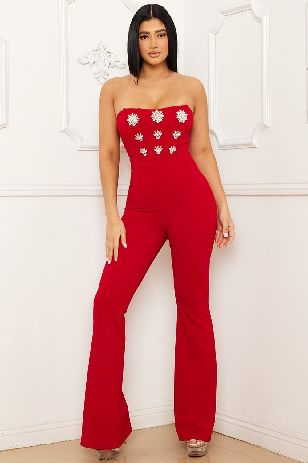 Rhinestone Brooch Jumpsuit – Bustier Tube Top With Bell Bottom & Zipper Back BOUTINIE