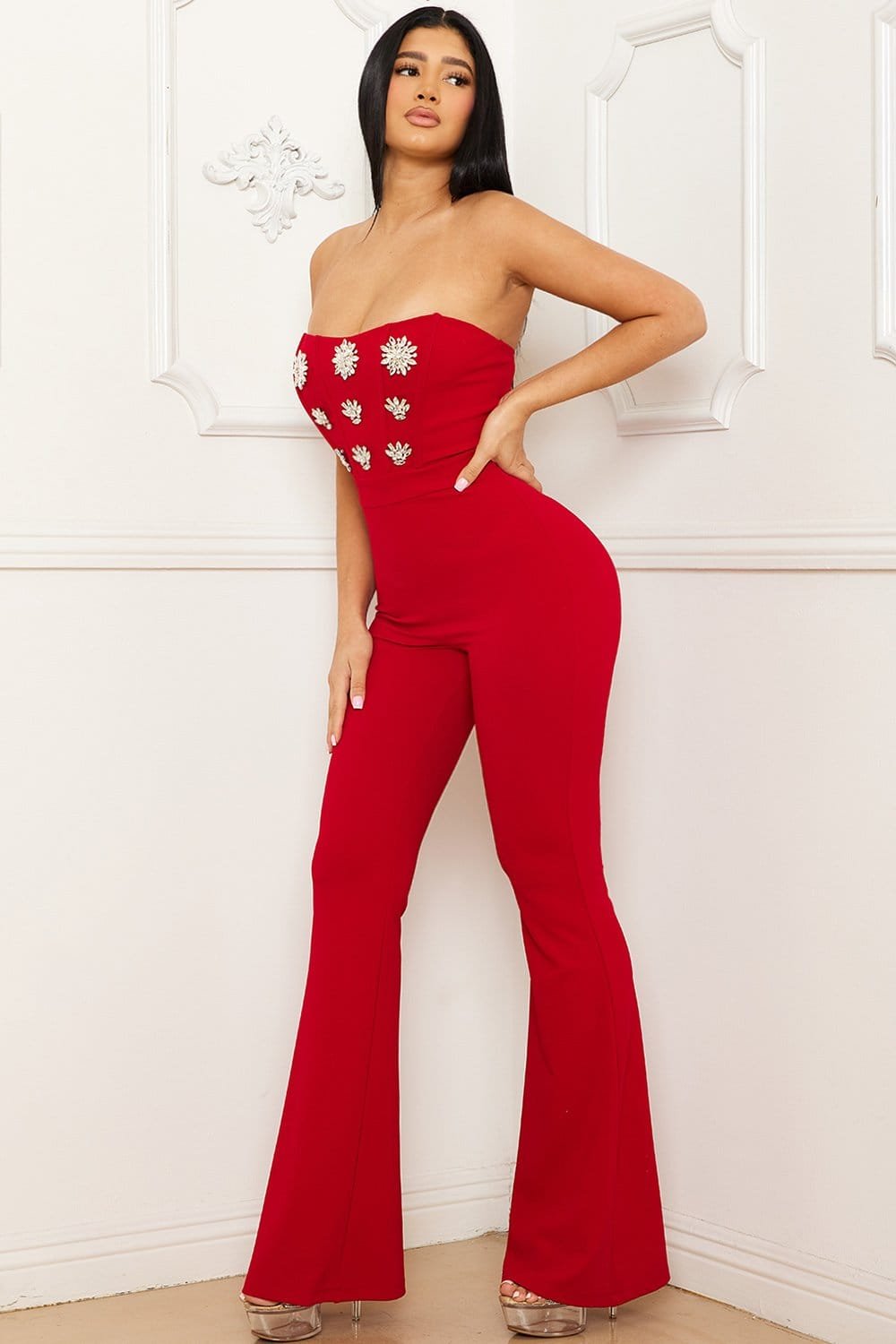 Rhinestone Brooch Jumpsuit – Bustier Tube Top With Bell Bottom & Zipper Back BOUTINIE