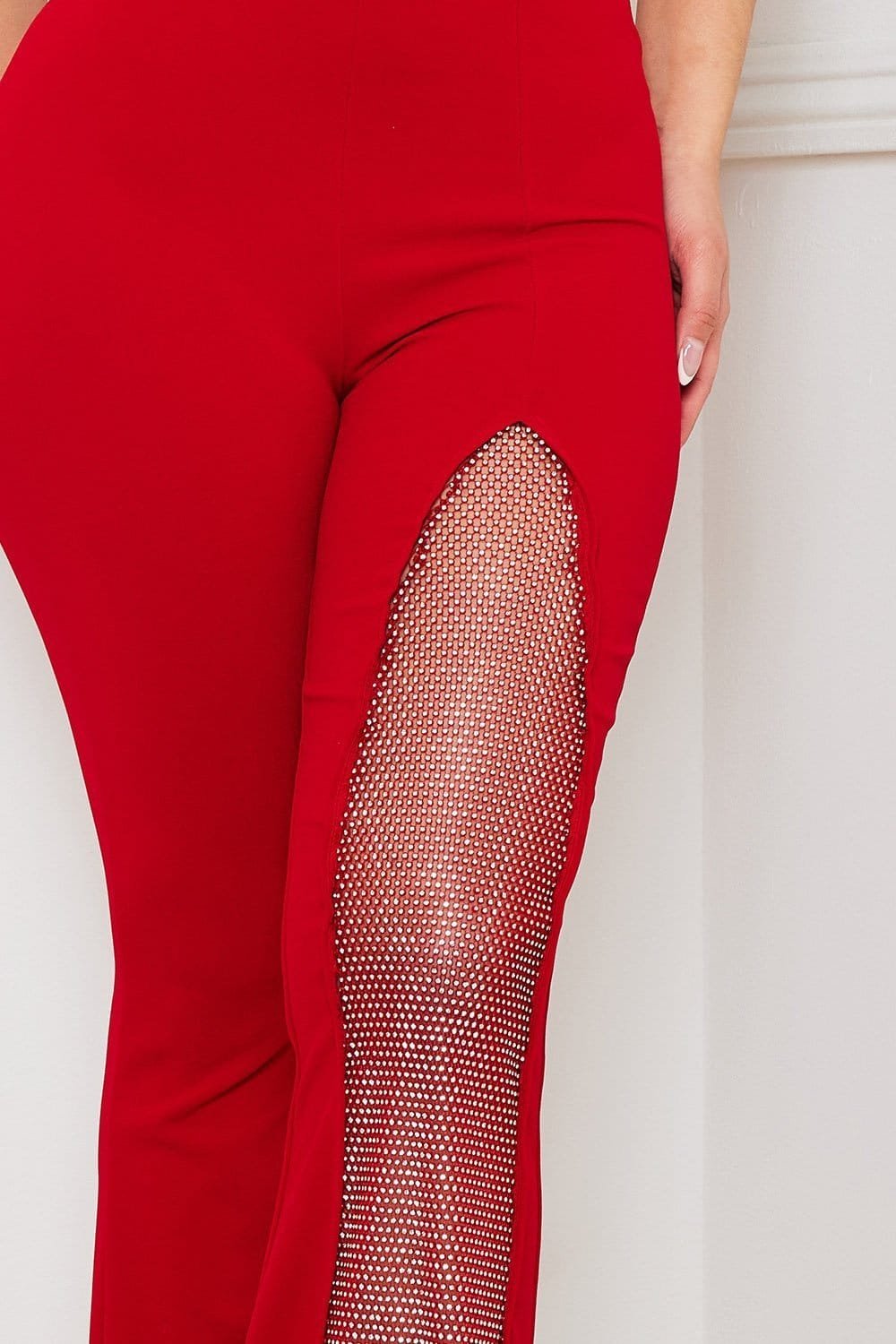 Pleated Sweetheart Jumpsuit - Bell Bottom, Rhinestone Mesh Panel BOUTINIE