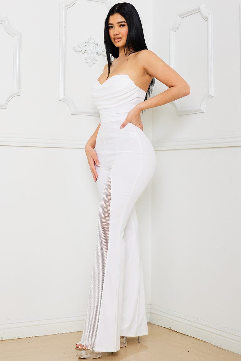 Pleated Sweetheart Jumpsuit - Bell Bottom, Rhinestone Mesh Panel BOUTINIE