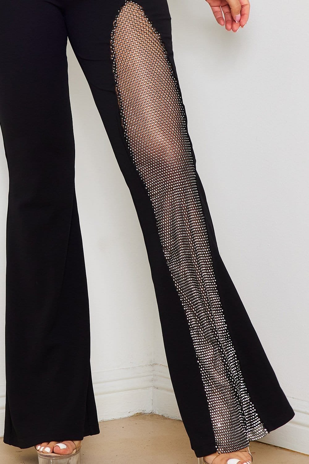 Pleated Sweetheart Jumpsuit - Bell Bottom, Rhinestone Mesh Panel BOUTINIE