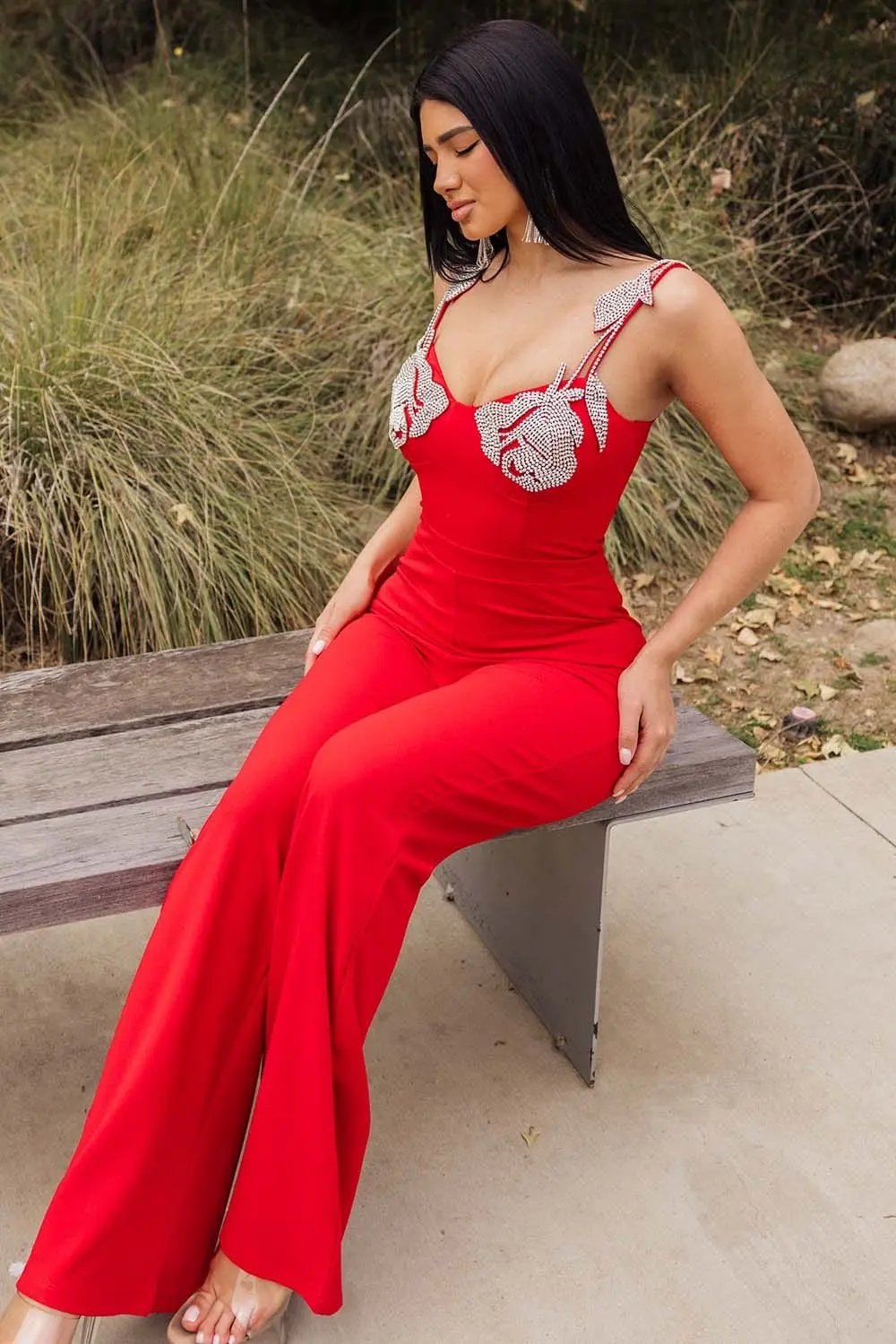 Rhinestone Jumpsuit – Wide Leg Adjustable Strap Party Dress With Glamorous Detail BOUTINIE