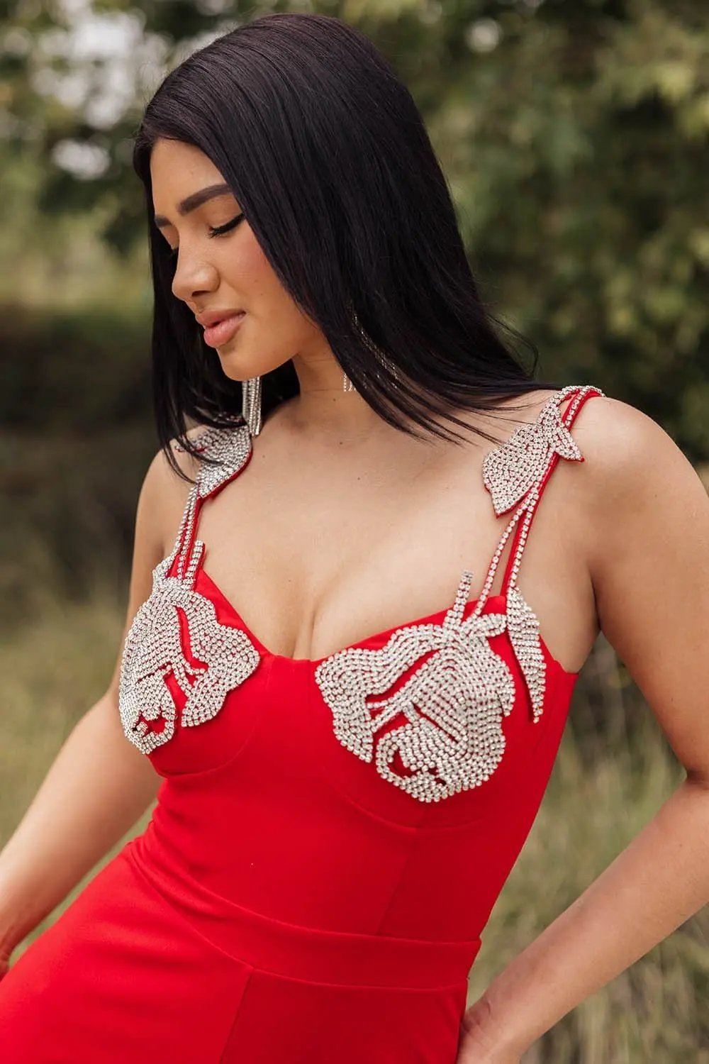 Rhinestone Jumpsuit – Wide Leg Adjustable Strap Party Dress With Glamorous Detail BOUTINIE