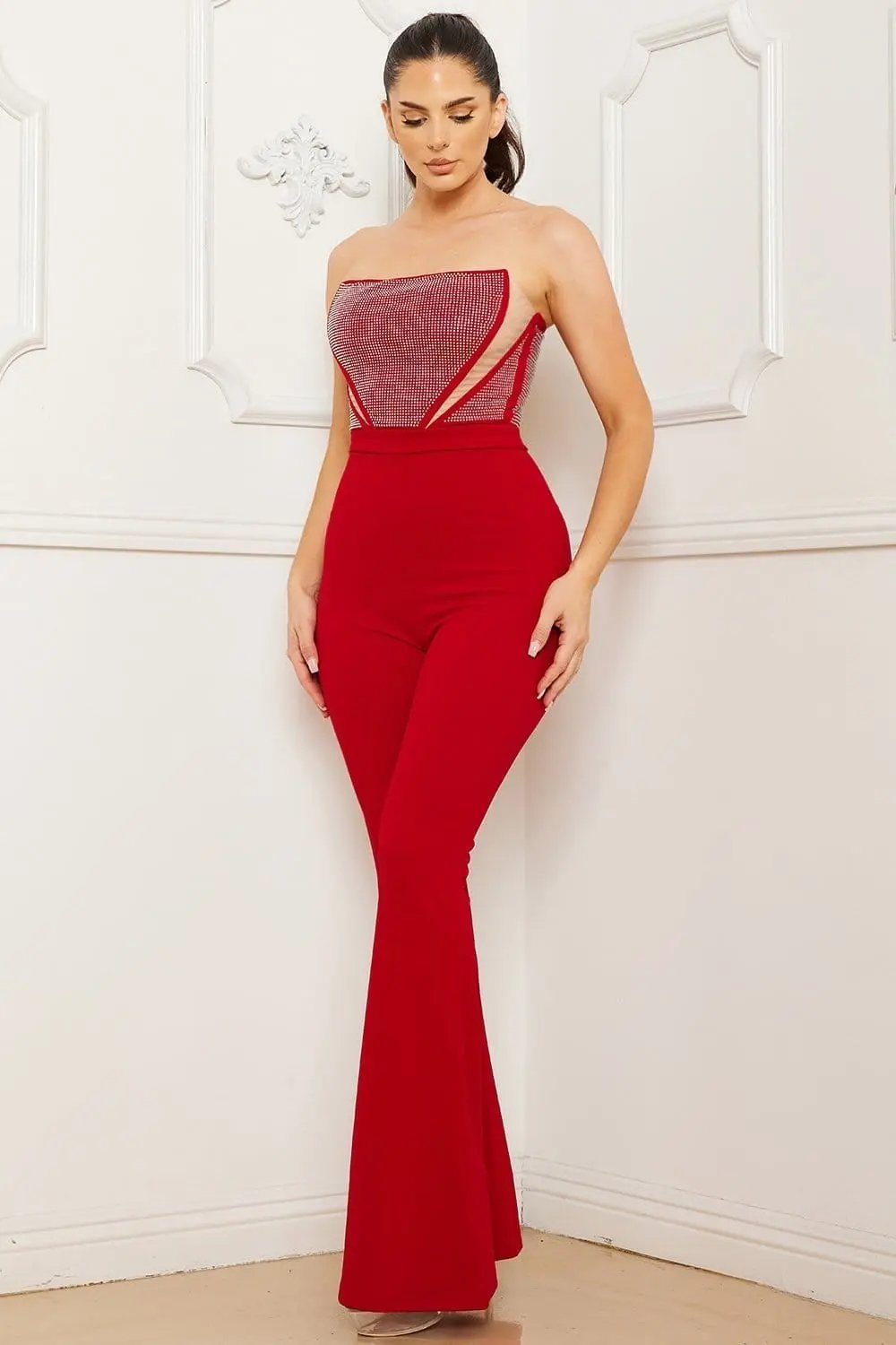 Rhinestone Bust Jumpsuit – Tube Top Bell Bottom Stretch Fabric BOUTINIE