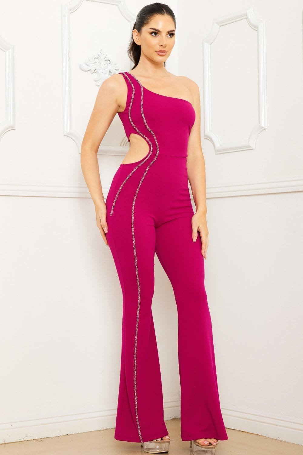 Rhinestone Jumpsuit - One Shoulder Wide Leg Party Outfit BOUTINIE