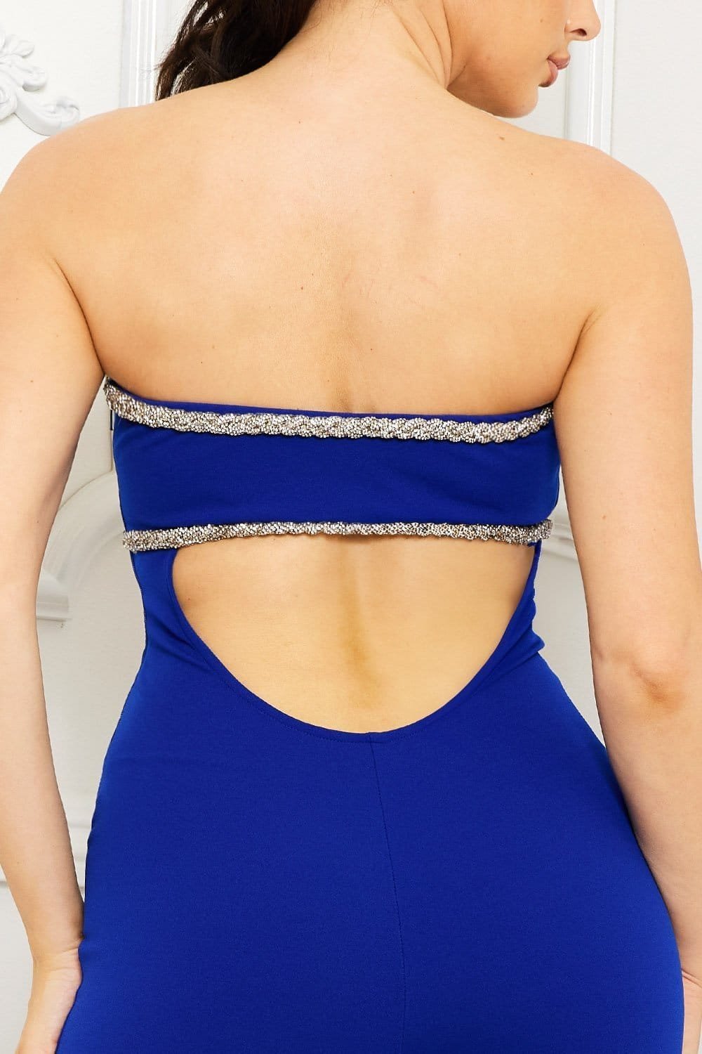 Rhinestone Tube Top Jumpsuit - Bell Bottom, Open Back With Stretch Fabric BOUTINIE