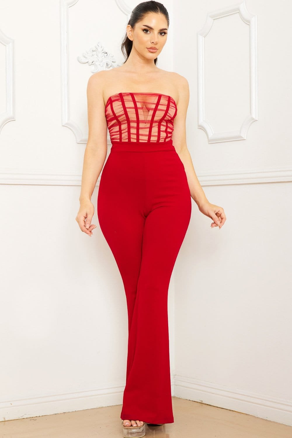 Mesh Two Tone Jumpsuit – Wired Bust Sweetheart V-Neck Bell Bottom BOUTINIE