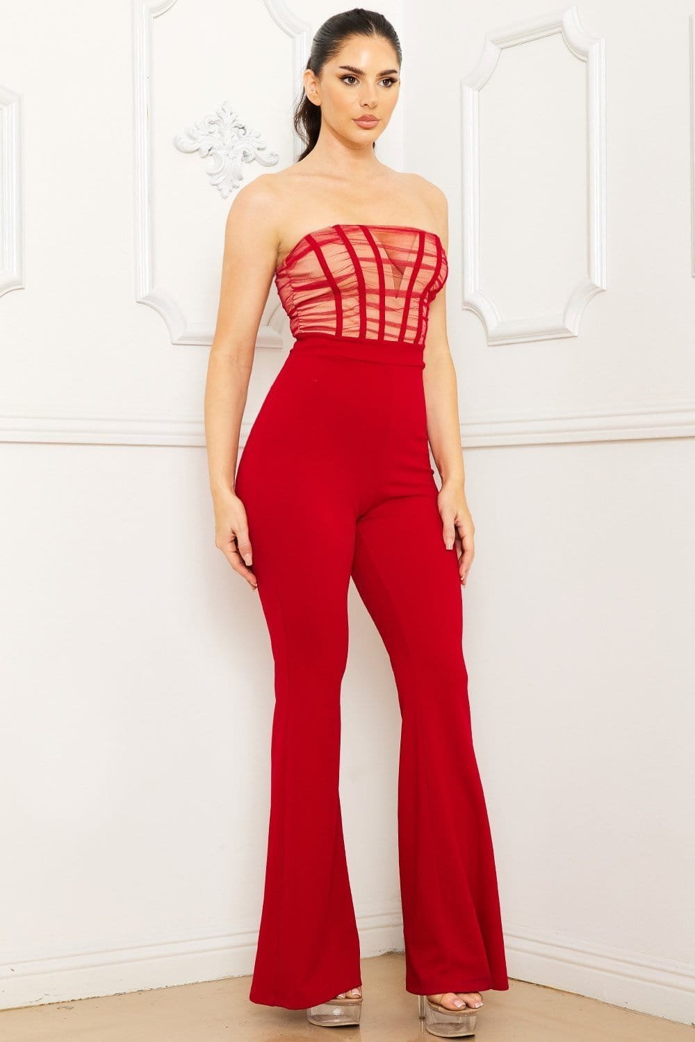 Mesh Two Tone Jumpsuit – Wired Bust Sweetheart V-Neck Bell Bottom BOUTINIE