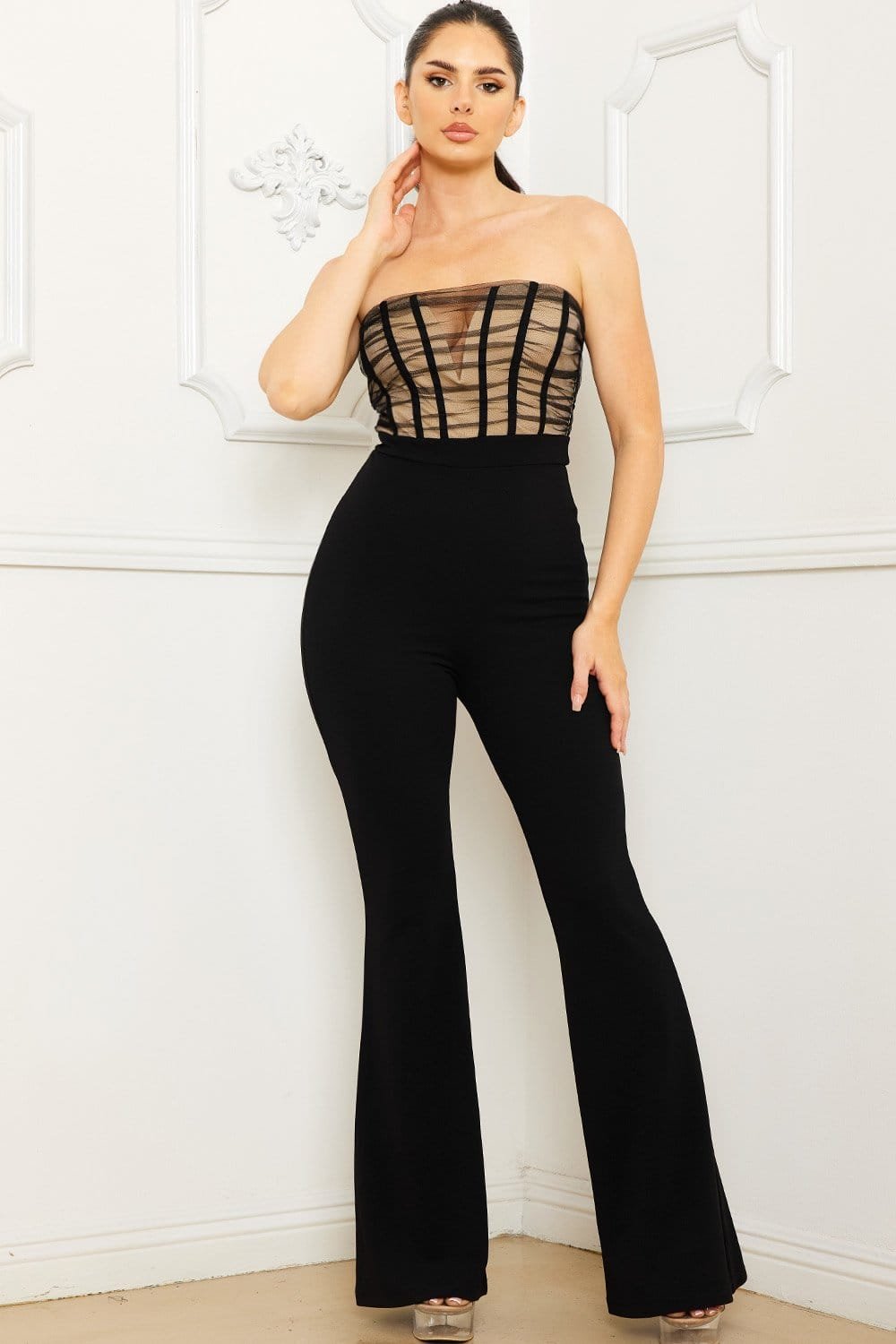 Mesh Two Tone Jumpsuit – Wired Bust Sweetheart V-Neck Bell Bottom BOUTINIE
