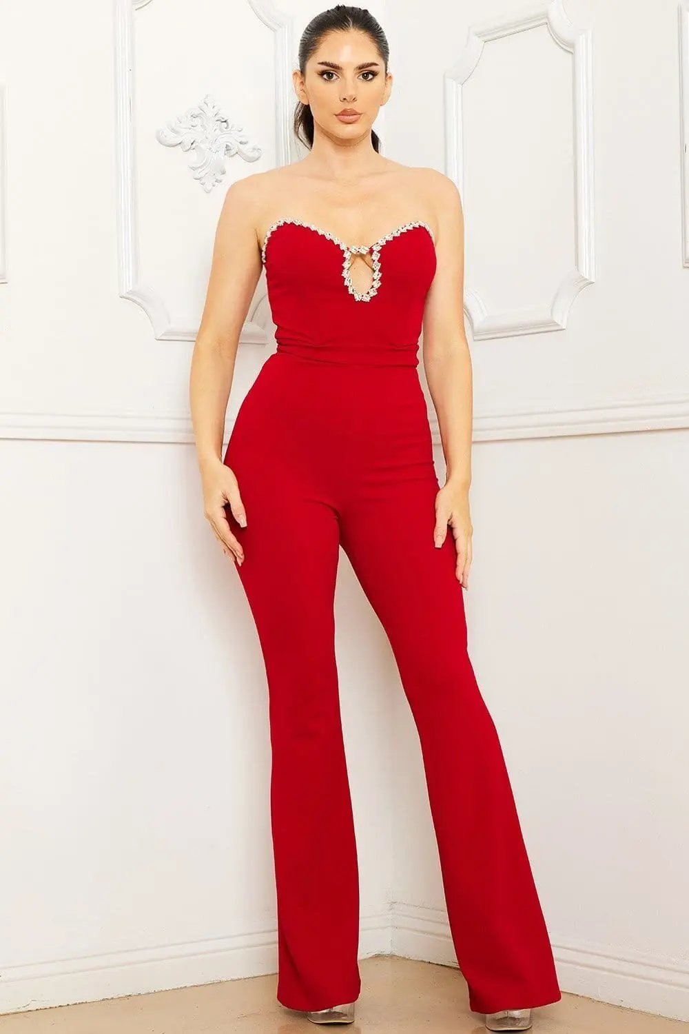 Rhinestone Trim Jumpsuit – Sweetheart Neckline Bell Bottom BOUTINIE