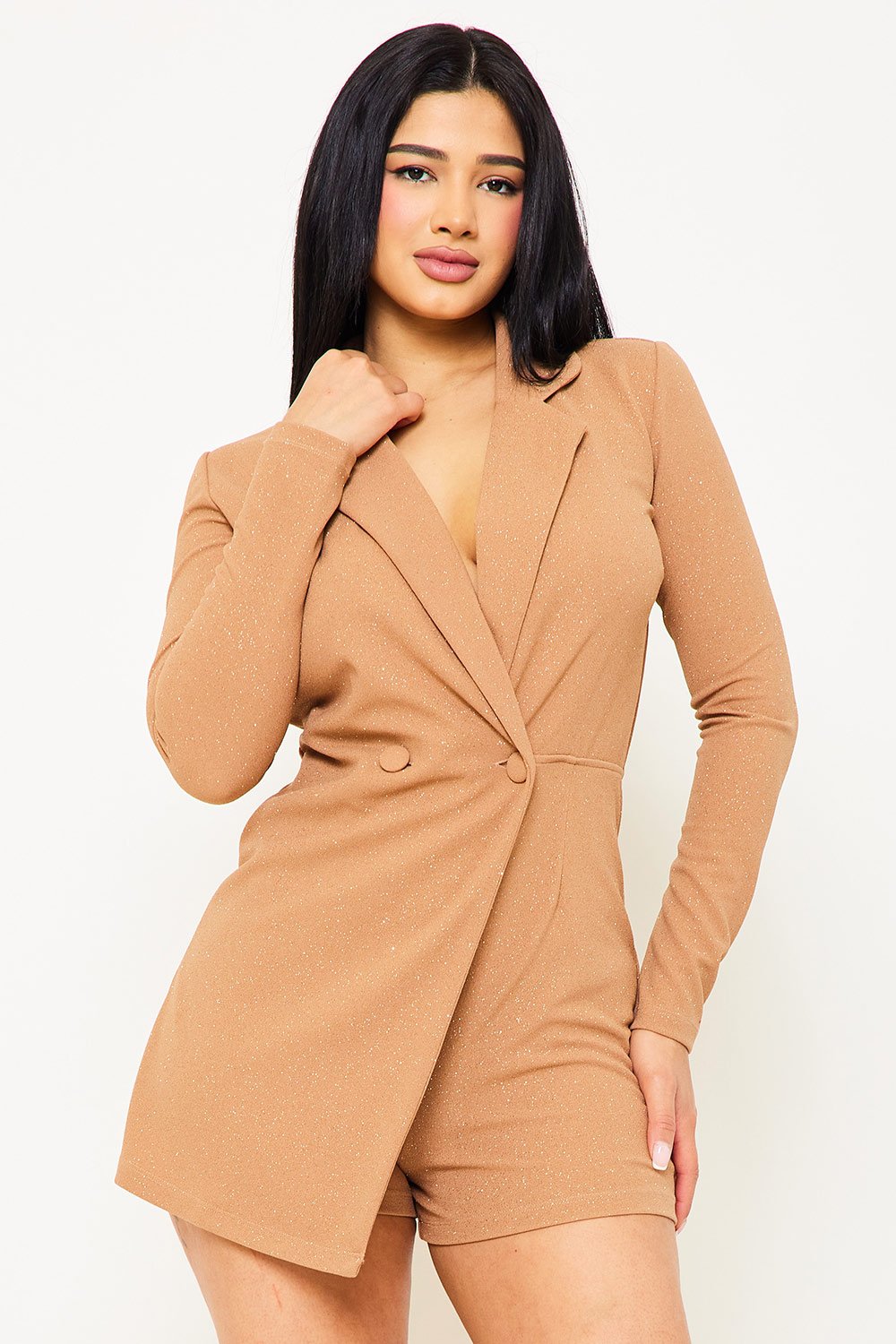 Glittered Suit Romper - Long Sleeve Button Front Party Outfit BOUTINIE