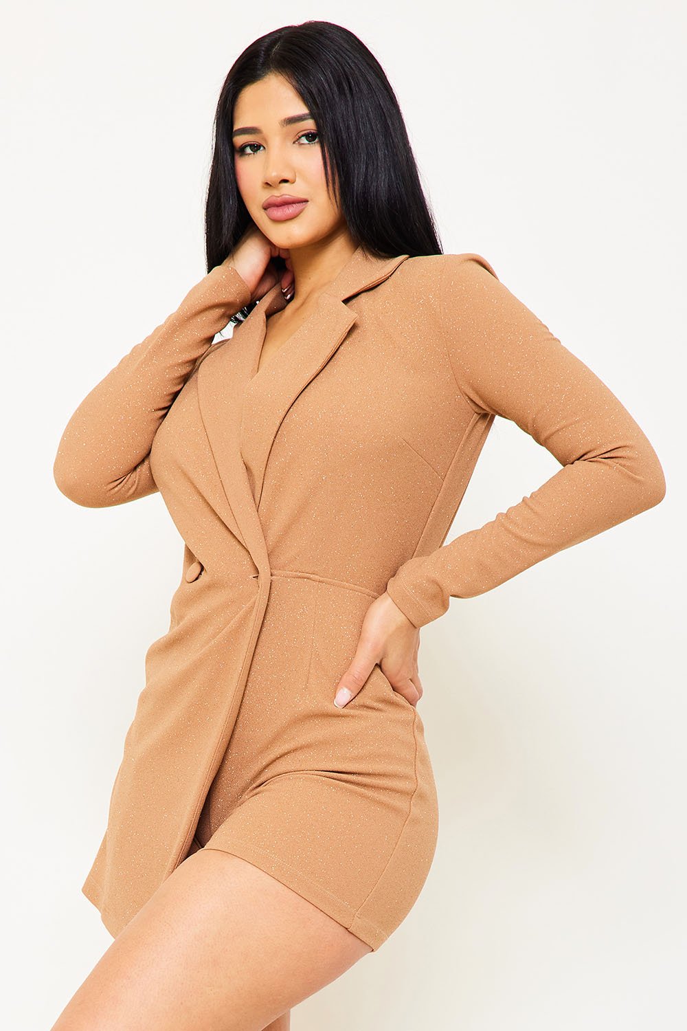 Glittered Suit Romper - Long Sleeve Button Front Party Outfit BOUTINIE