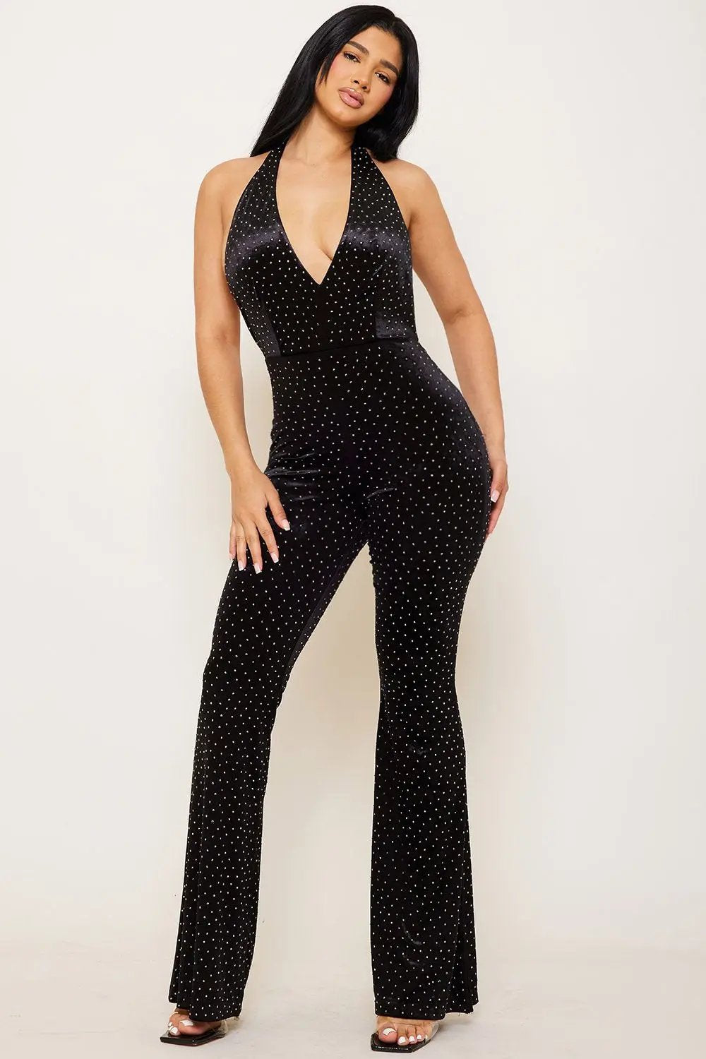 Velvet Halter Jumpsuit – Rhinestone Open Back Bell Bottom Pants BOUTINIE