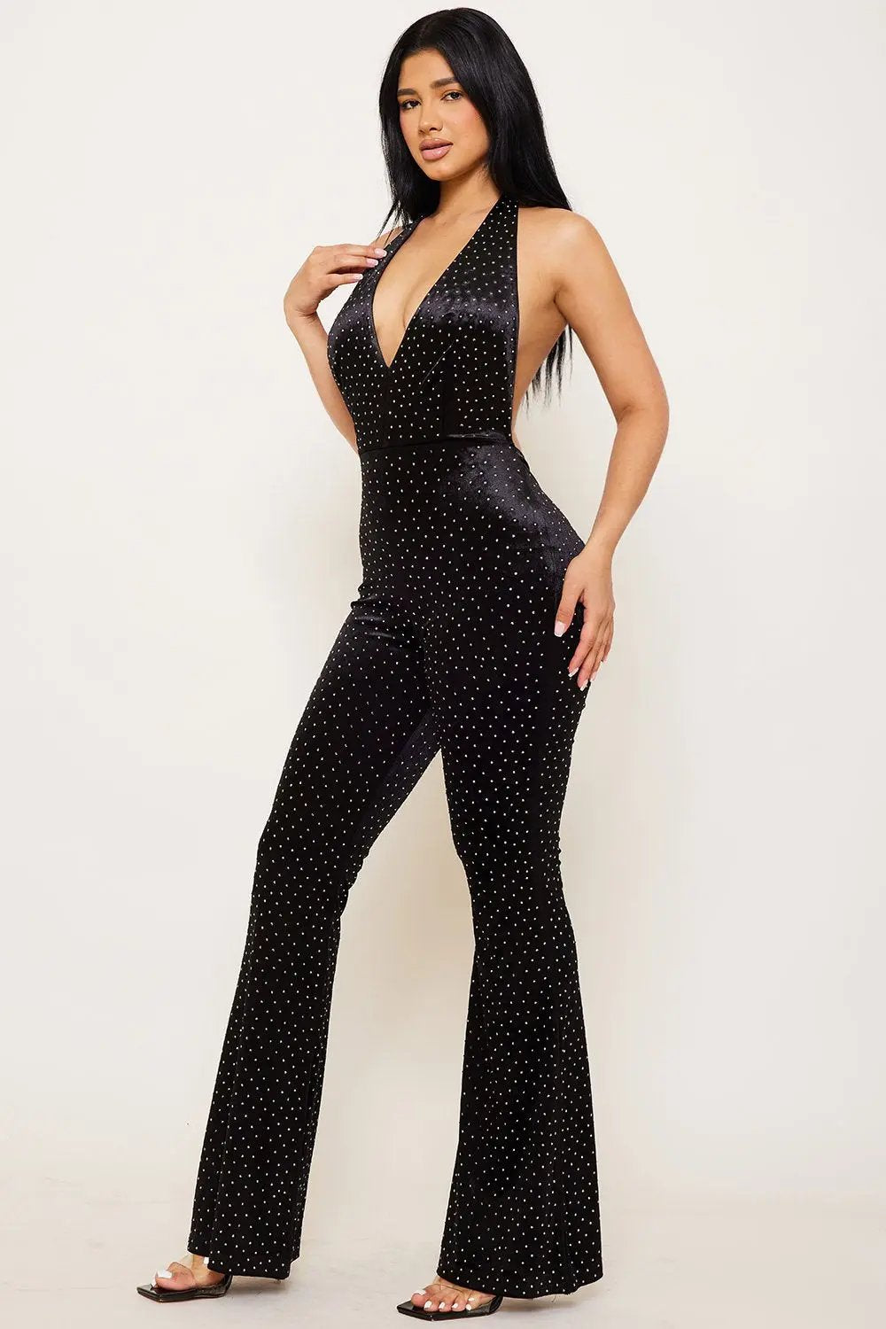 Velvet Halter Jumpsuit – Rhinestone Open Back Bell Bottom Pants BOUTINIE