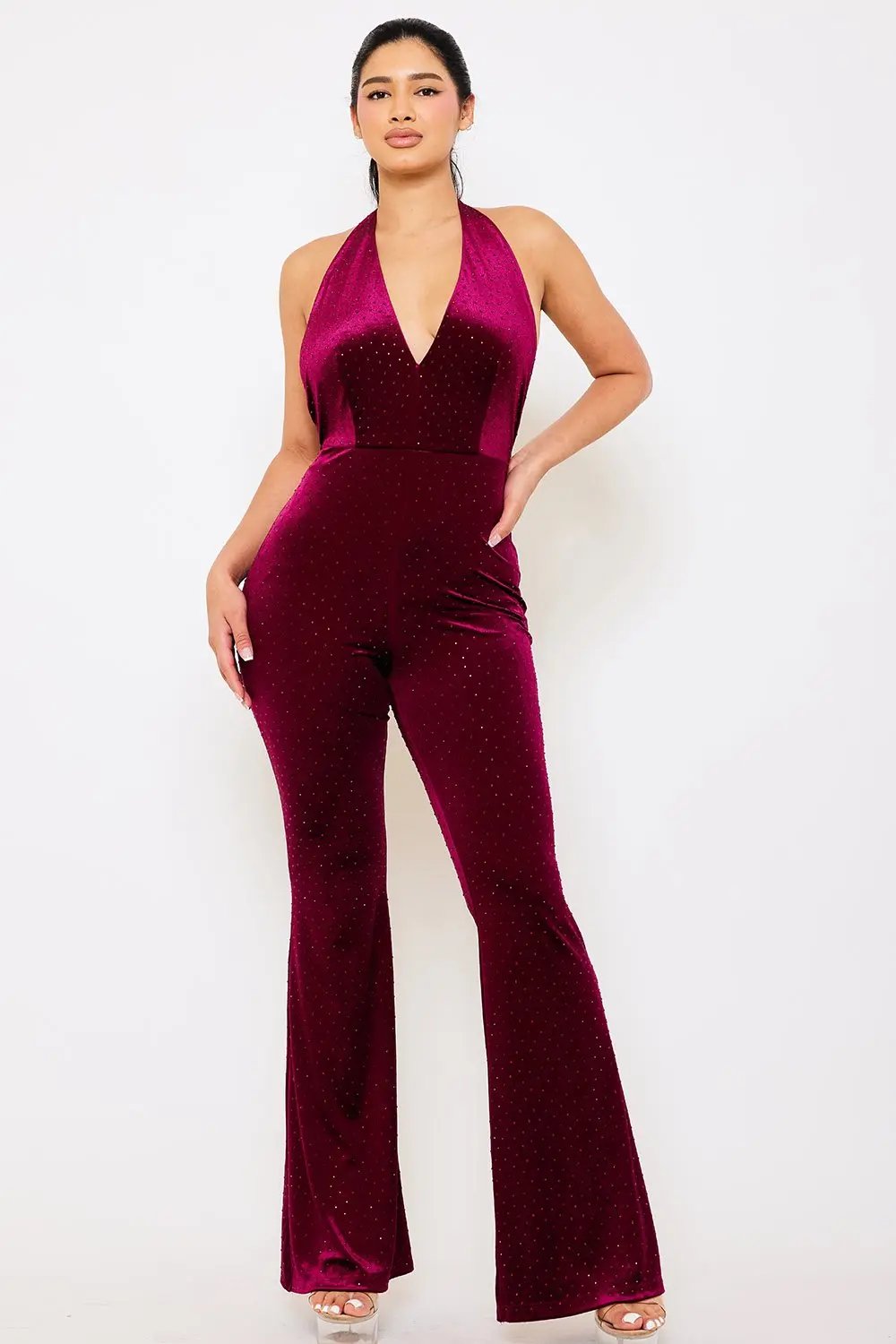 Velvet Halter Jumpsuit – Rhinestone Open Back Bell Bottom Pants BOUTINIE