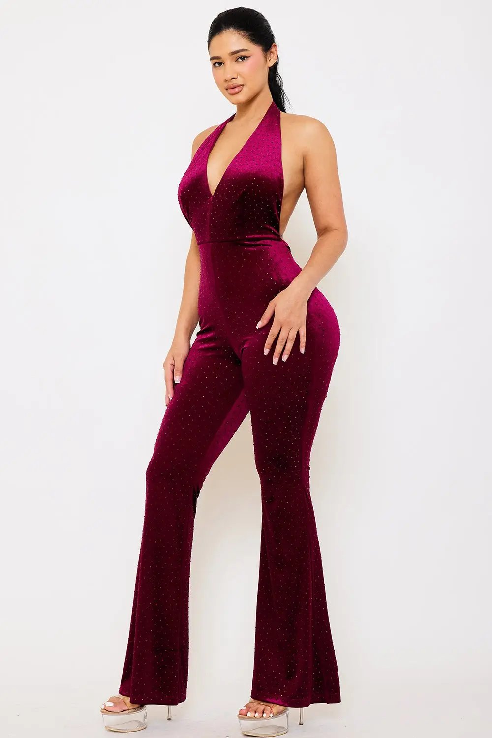 Velvet Halter Jumpsuit – Rhinestone Open Back Bell Bottom Pants BOUTINIE