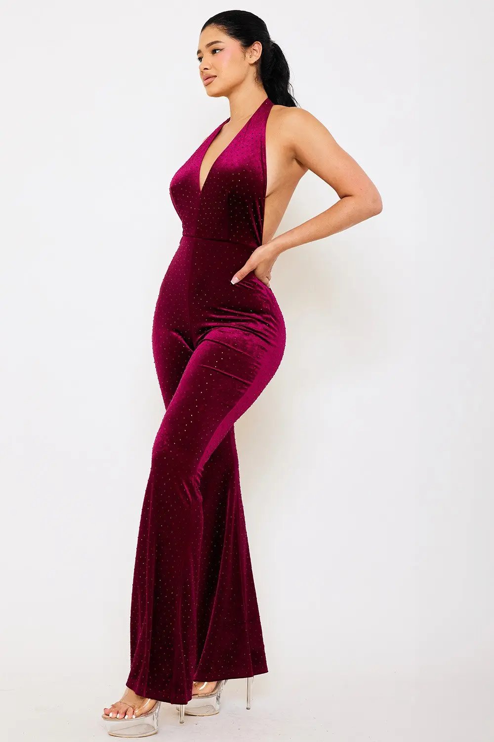 Velvet Halter Jumpsuit – Rhinestone Open Back Bell Bottom Pants BOUTINIE