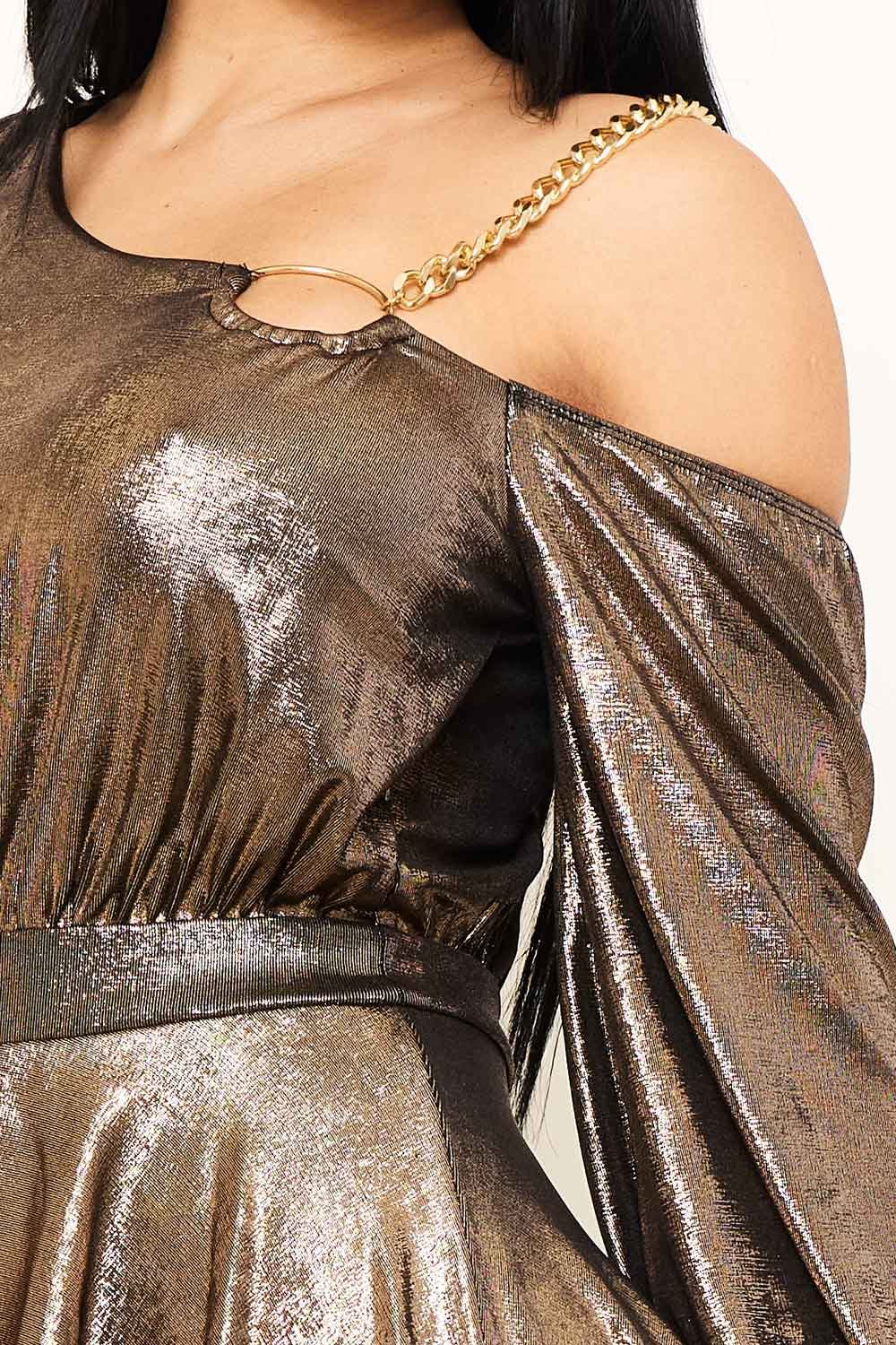 Slinky Foil Jumpsuit With Gold Chain - Bell Sleeve Design BOUTINIE