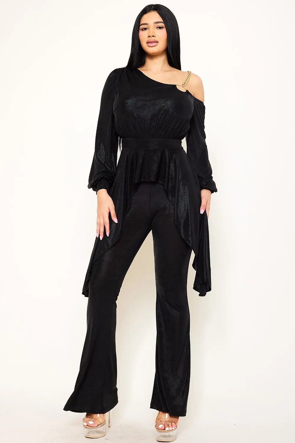 Slinky Foil Jumpsuit With Gold Chain - Bell Sleeve Design BOUTINIE
