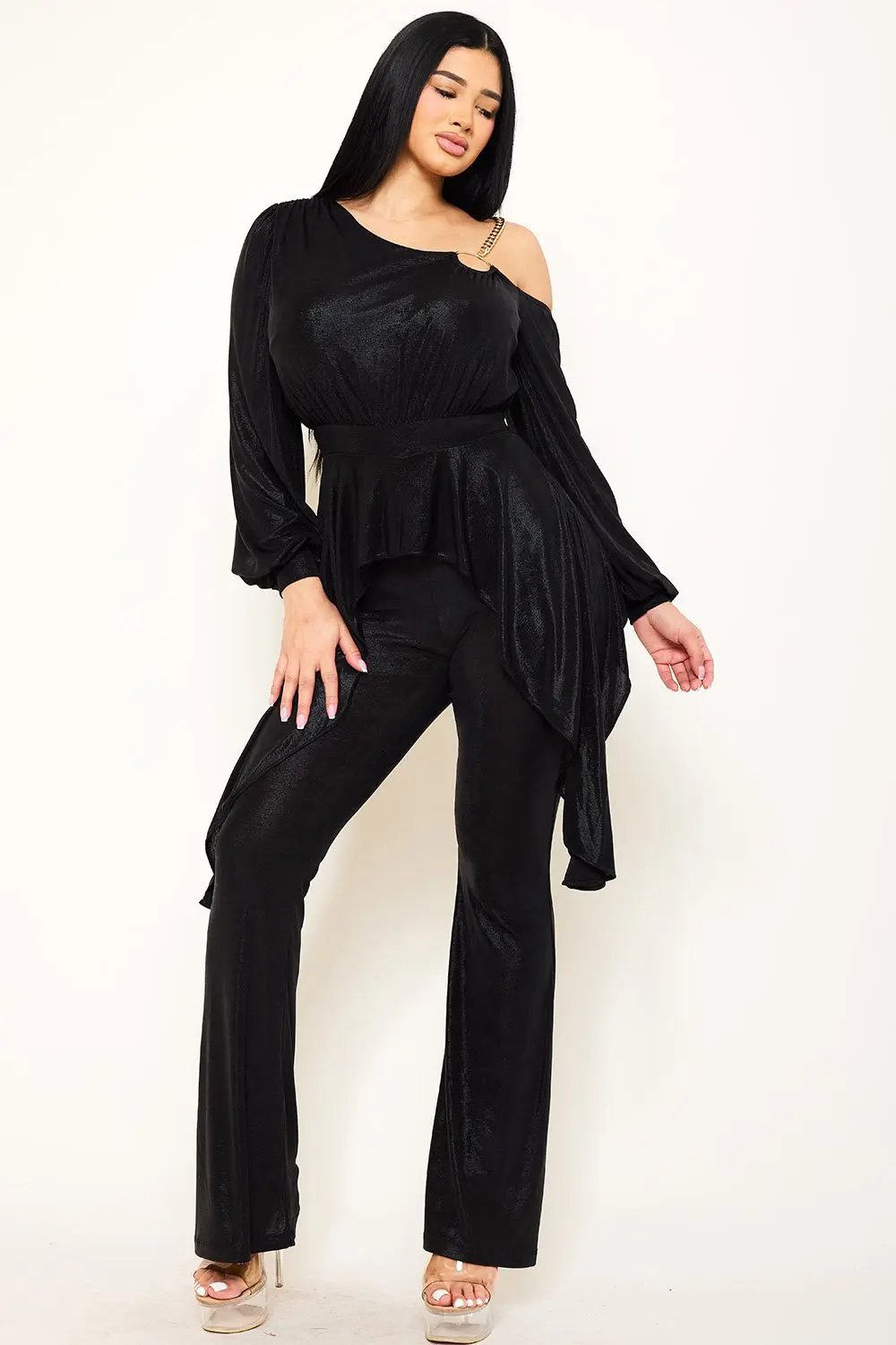 Slinky Foil Jumpsuit With Gold Chain - Bell Sleeve Design BOUTINIE