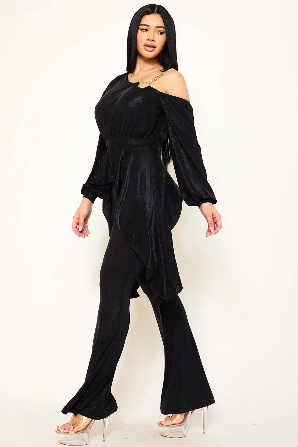 Slinky Foil Jumpsuit With Gold Chain - Bell Sleeve Design BOUTINIE