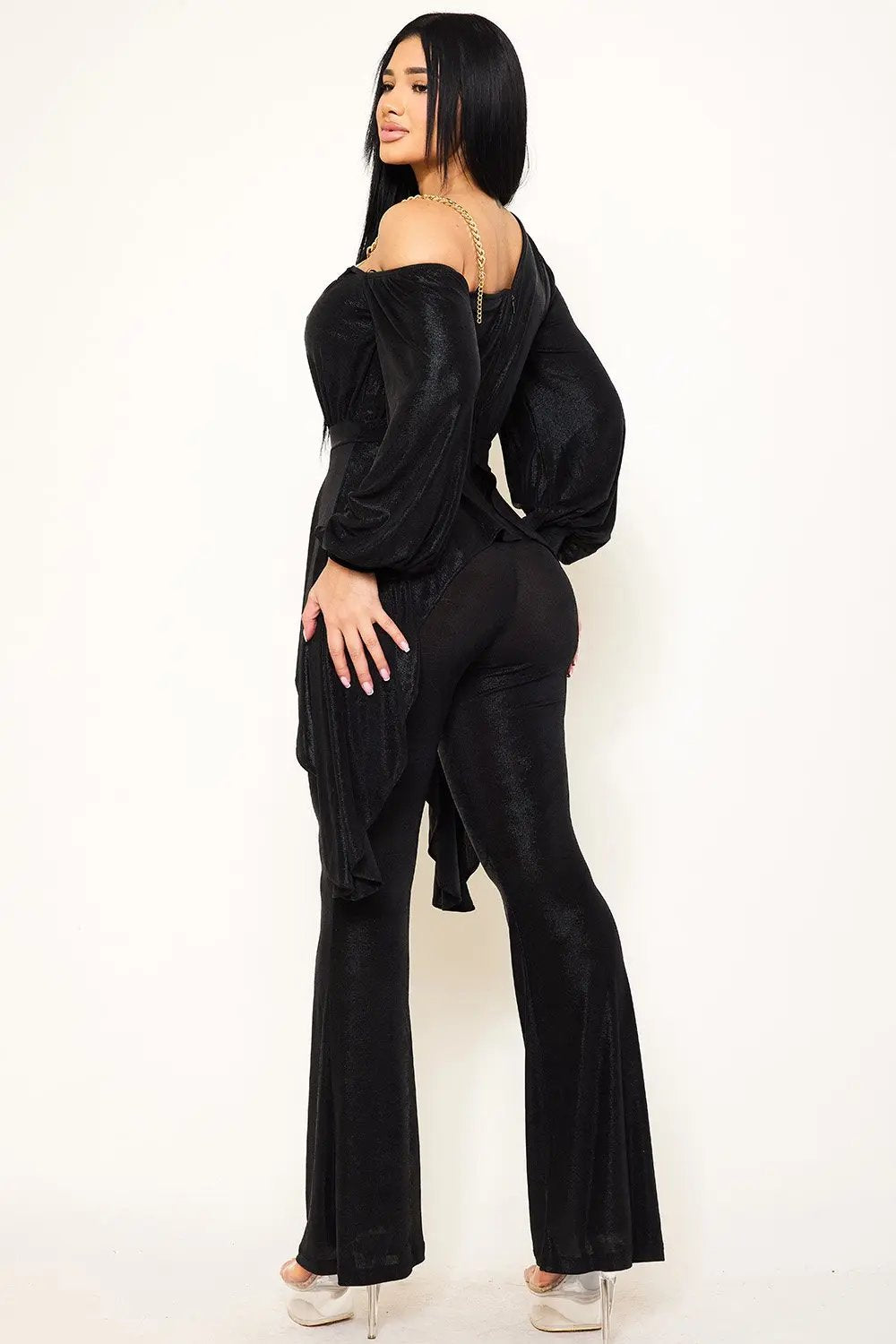 Slinky Foil Jumpsuit With Gold Chain - Bell Sleeve Design BOUTINIE