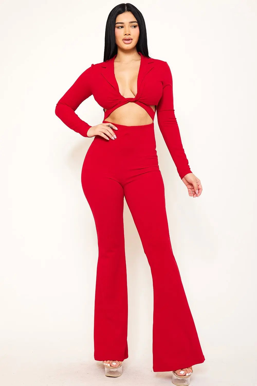 Collar Open Jumpsuit - Long Sleeve Cutout Detail Bell Bottom BOUTINIE