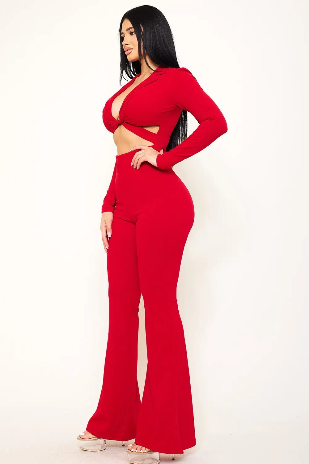 Collar Open Jumpsuit - Long Sleeve Cutout Detail Bell Bottom BOUTINIE