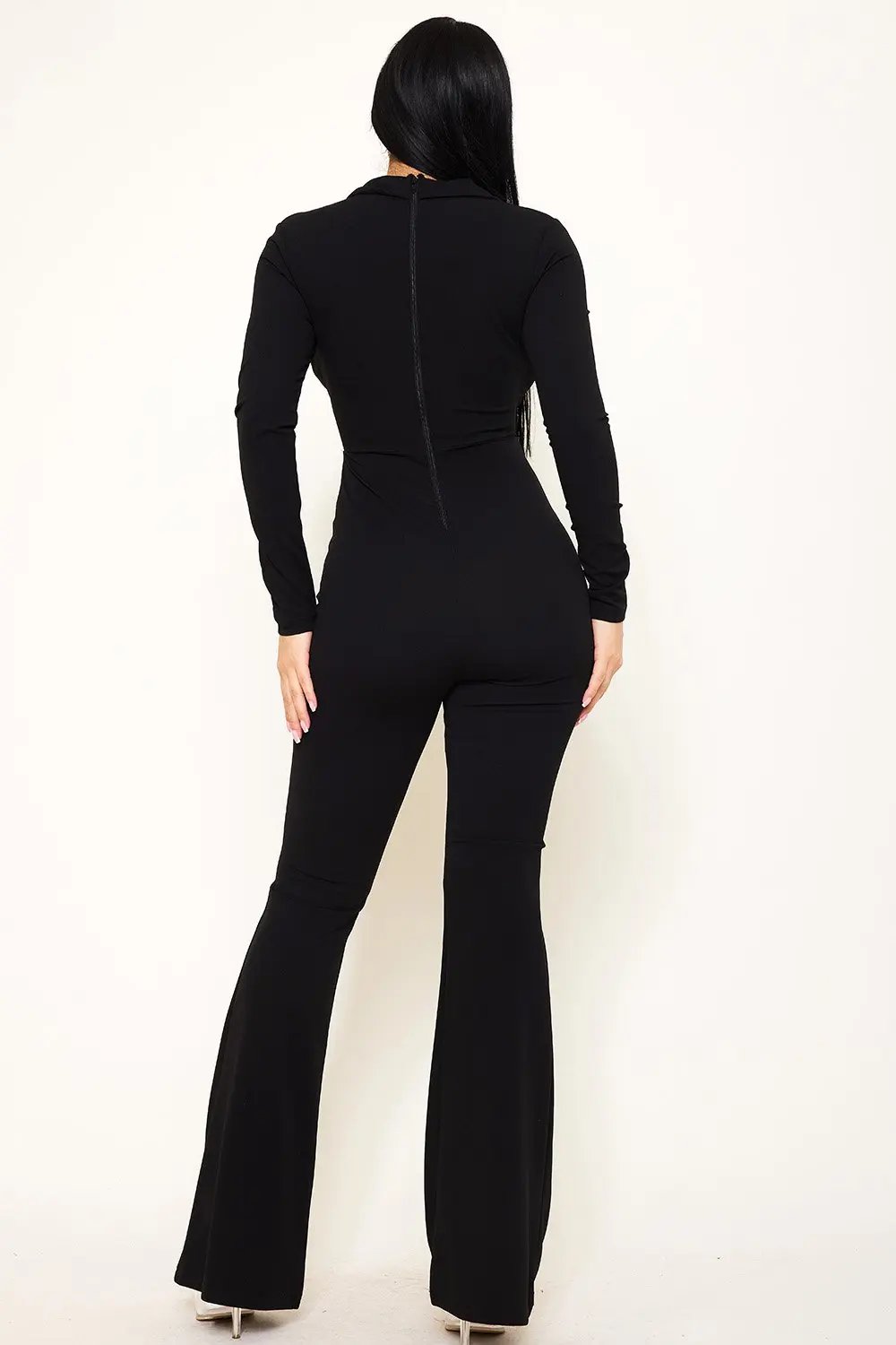 Collar Open Jumpsuit - Long Sleeve Cutout Detail Bell Bottom BOUTINIE