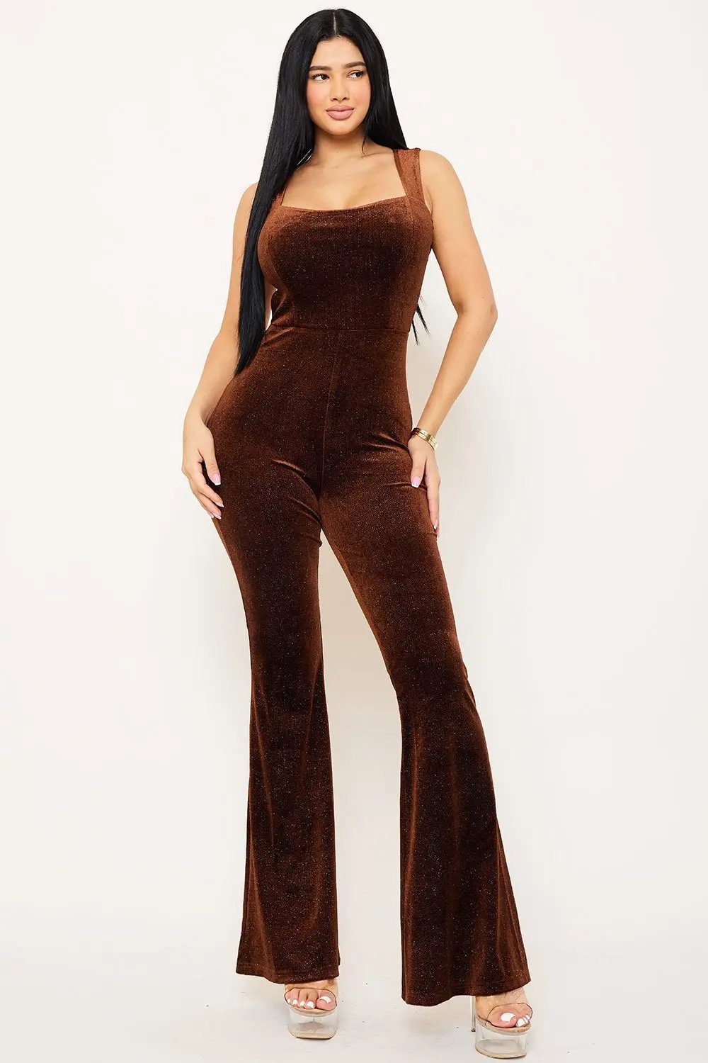 Velvet Open Back Jumpsuit - Glitter Square Neck Strap Back BOUTINIE