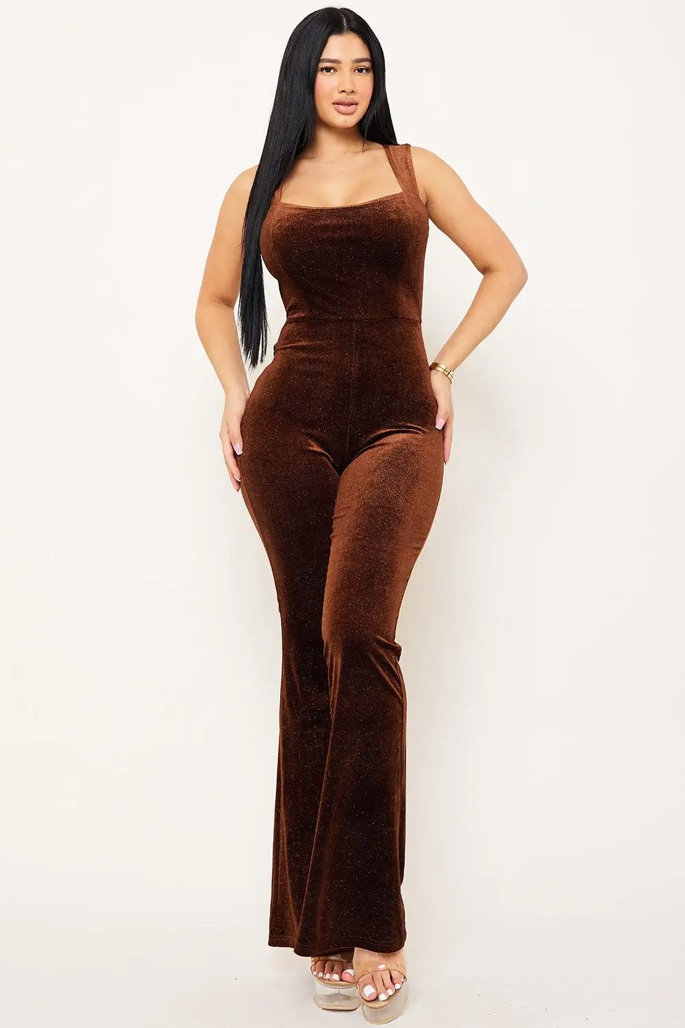 Velvet Open Back Jumpsuit - Glitter Square Neck Strap Back BOUTINIE