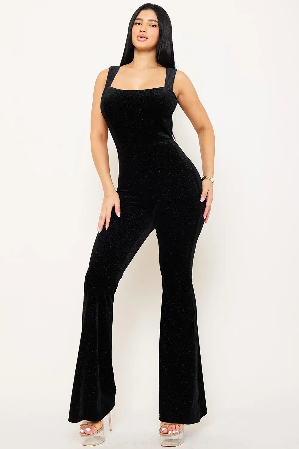 Velvet Open Back Jumpsuit - Glitter Square Neck Strap Back BOUTINIE