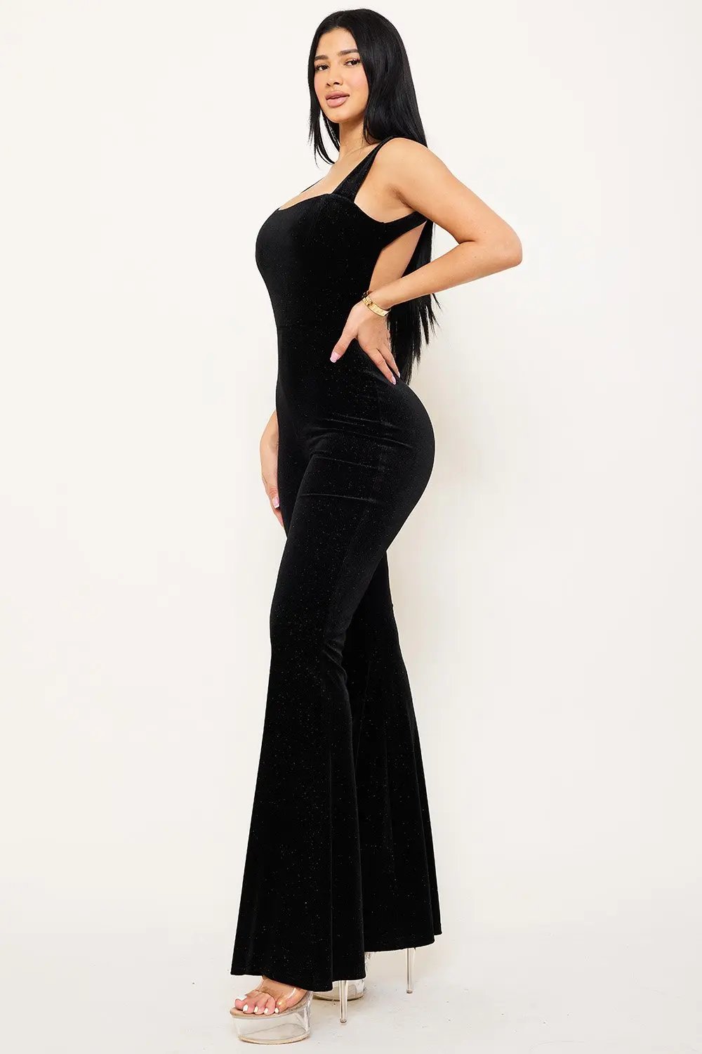 Velvet Open Back Jumpsuit - Glitter Square Neck Strap Back BOUTINIE