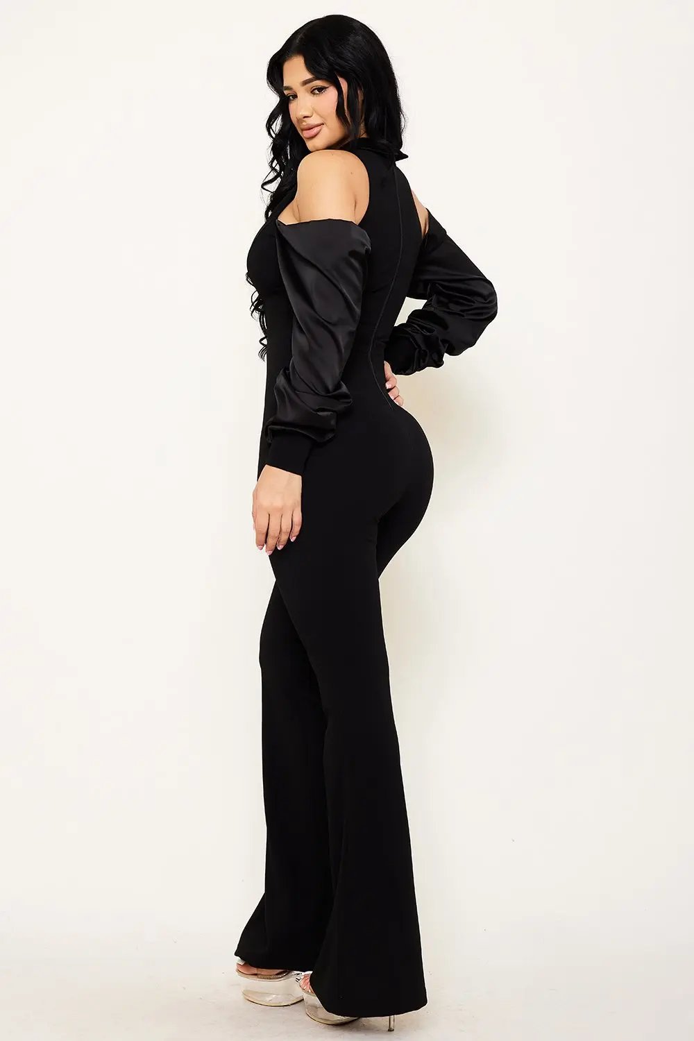 Satin Collar Jumpsuit | Deep V-Neck & Cuff Sleeve Style BOUTINIE