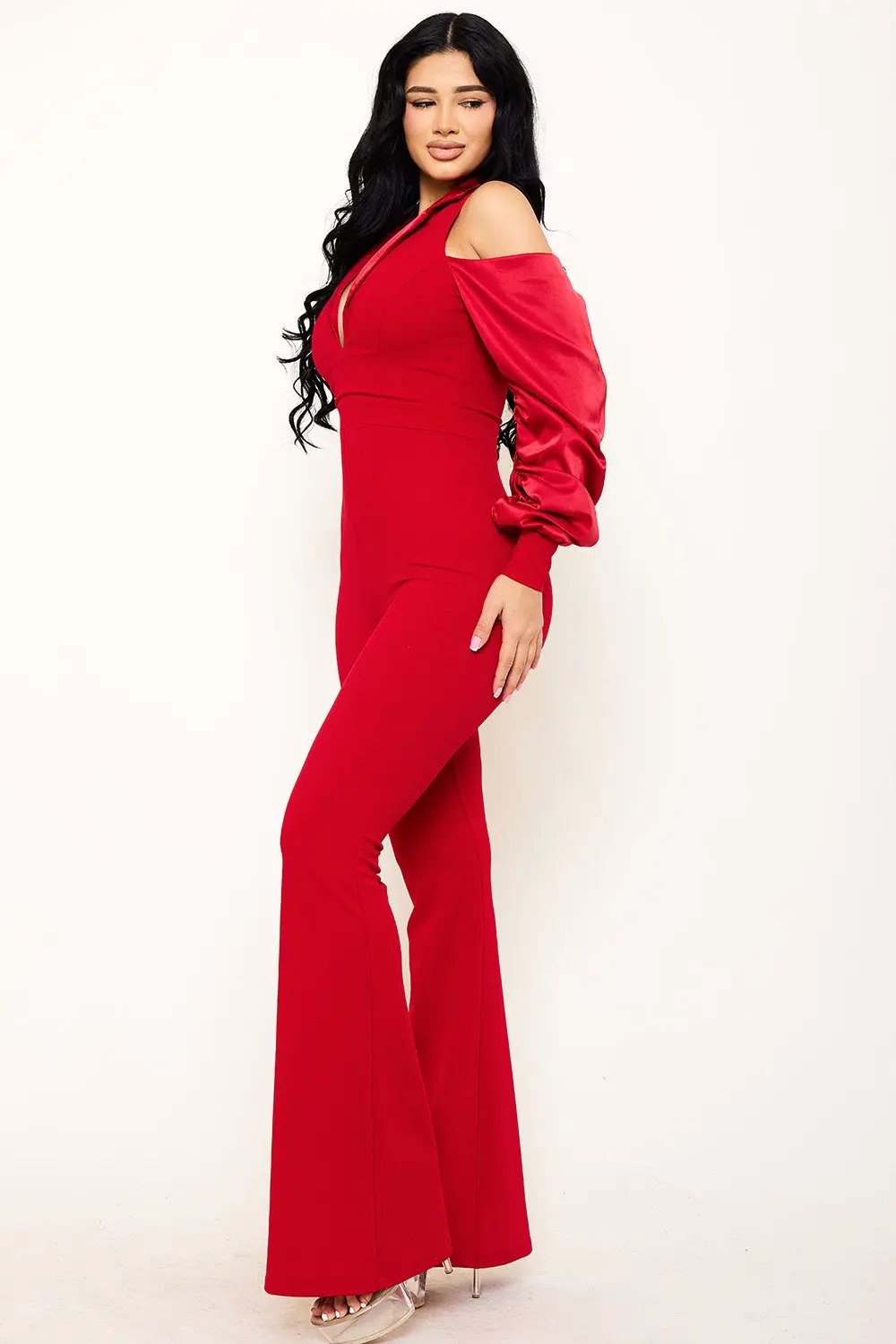 Satin Collar Jumpsuit | Deep V-Neck & Cuff Sleeve Style BOUTINIE