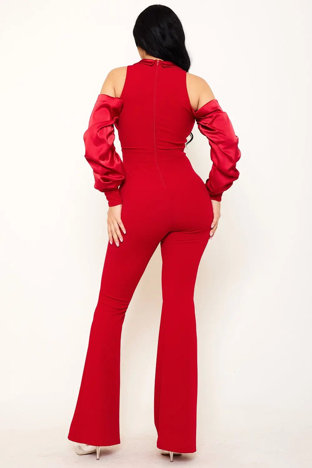 Satin Collar Jumpsuit | Deep V-Neck & Cuff Sleeve Style BOUTINIE