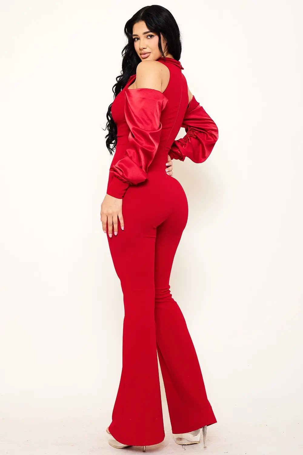 Satin Collar Jumpsuit | Deep V-Neck & Cuff Sleeve Style BOUTINIE