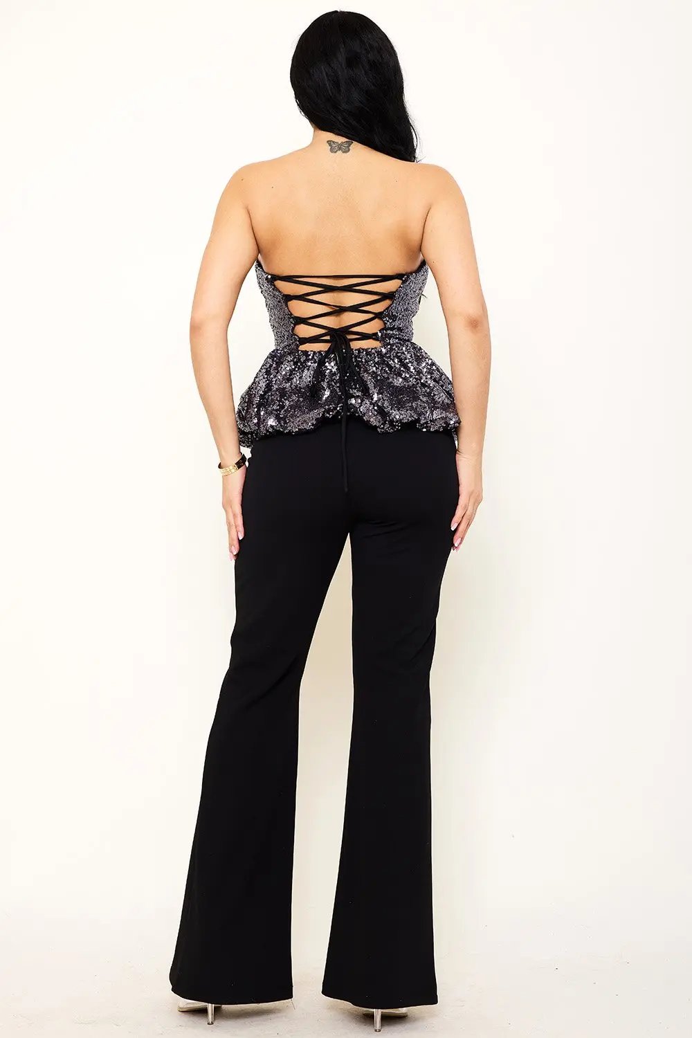 Sequin Peplum Jumpsuit – Bell Bottom With Criss Cross Back Tie Detail BOUTINIE