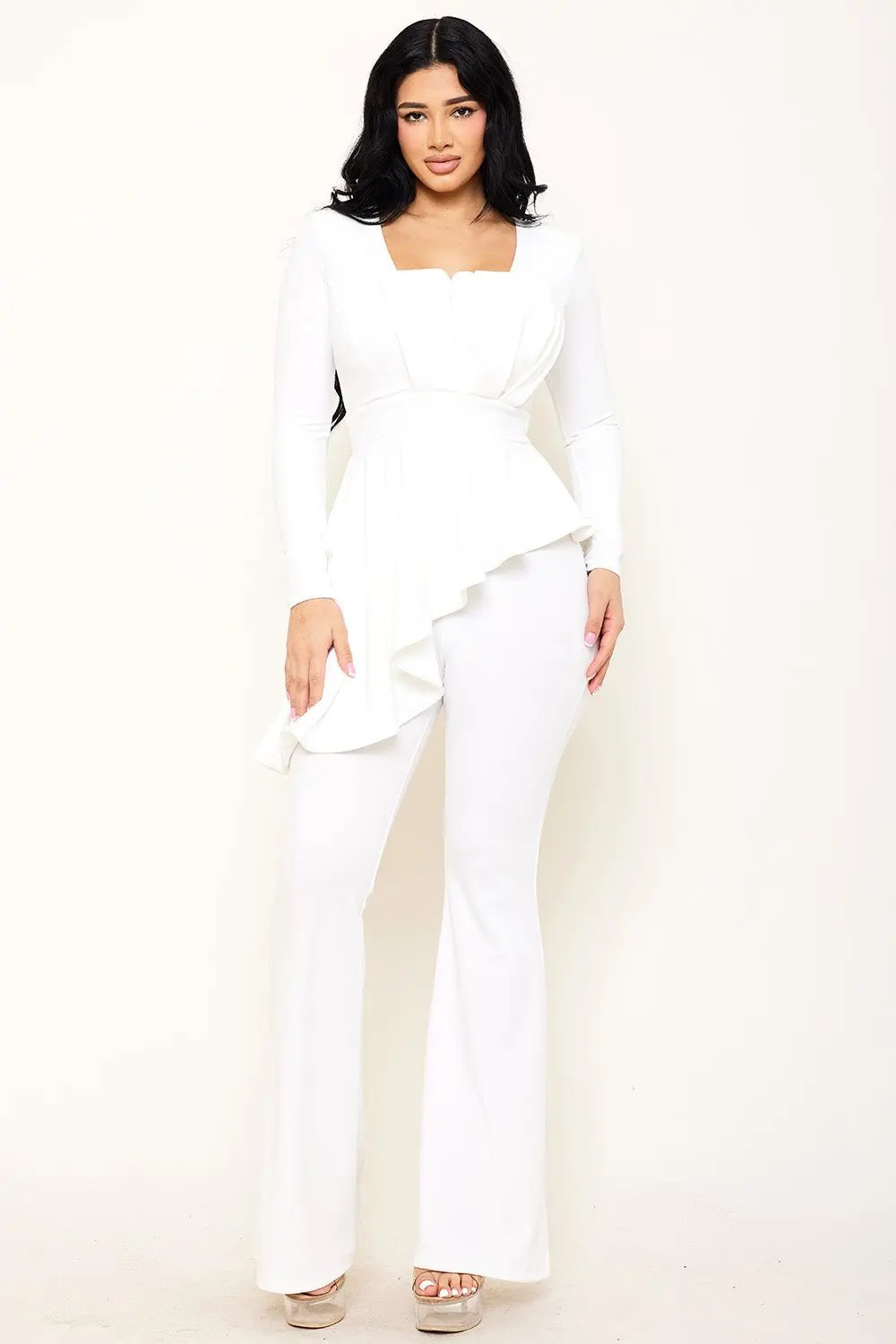 Peplum Top Jumpsuit With Asymmetric Ruffle Waist Detail BOUTINIE